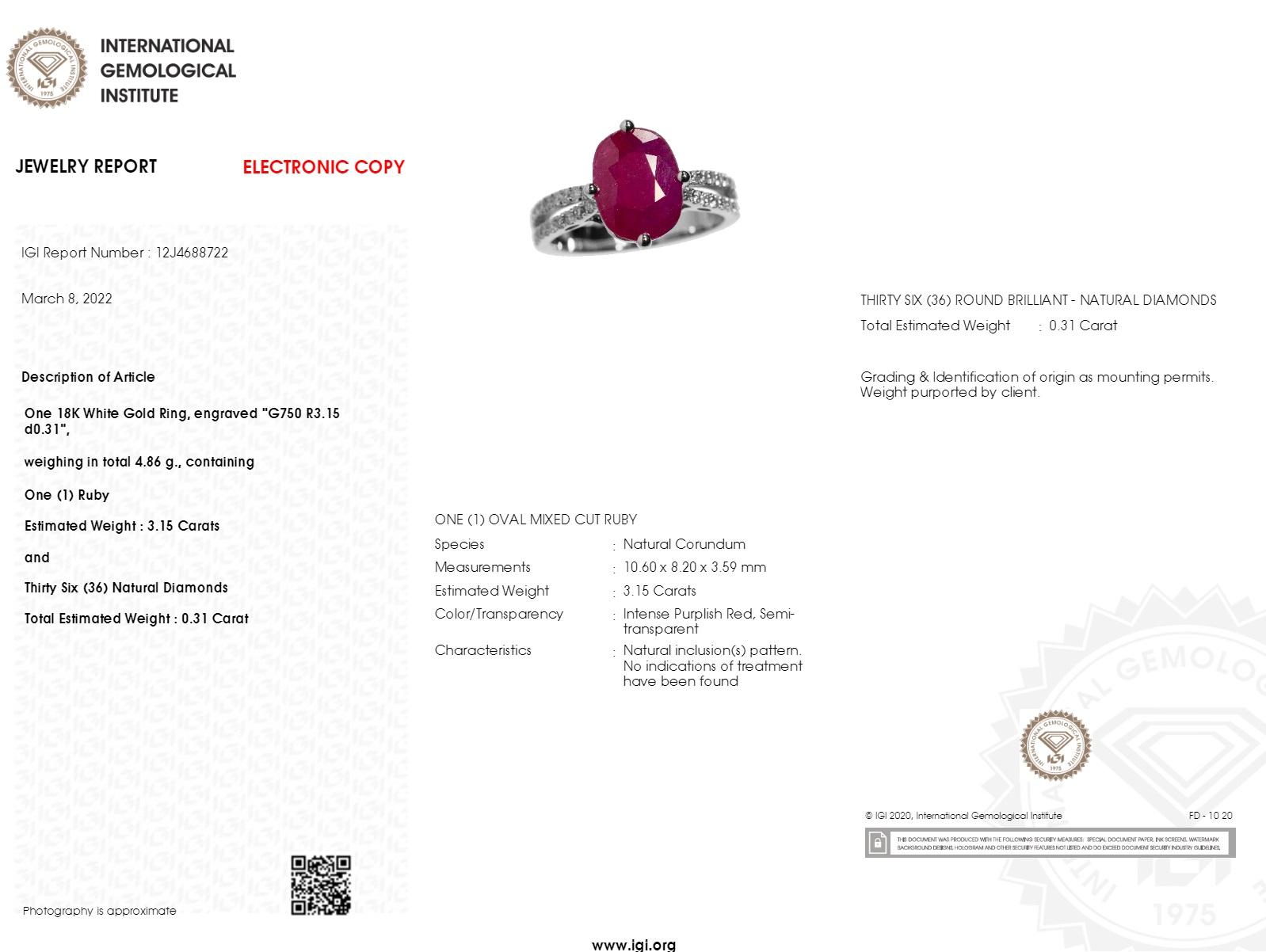 IGI Certified 3.15 Carat Red Ruby & Diamond Ring in 18K White Gold For Sale 2