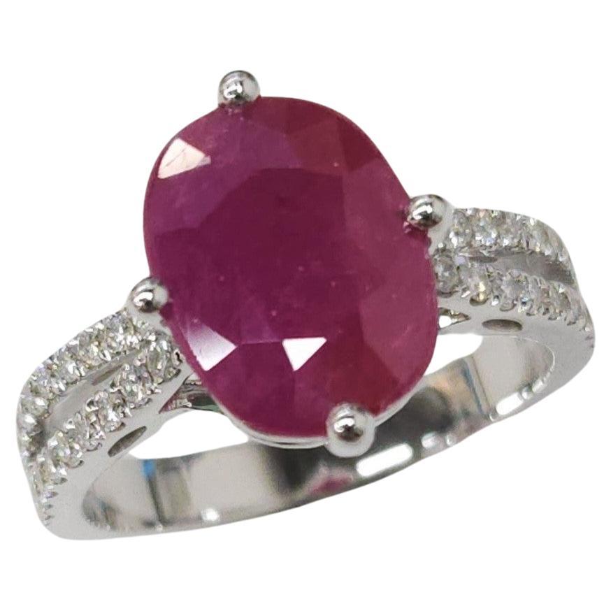 IGI Certified 3.15 Carat Red Ruby & Diamond Ring in 18K White Gold For Sale