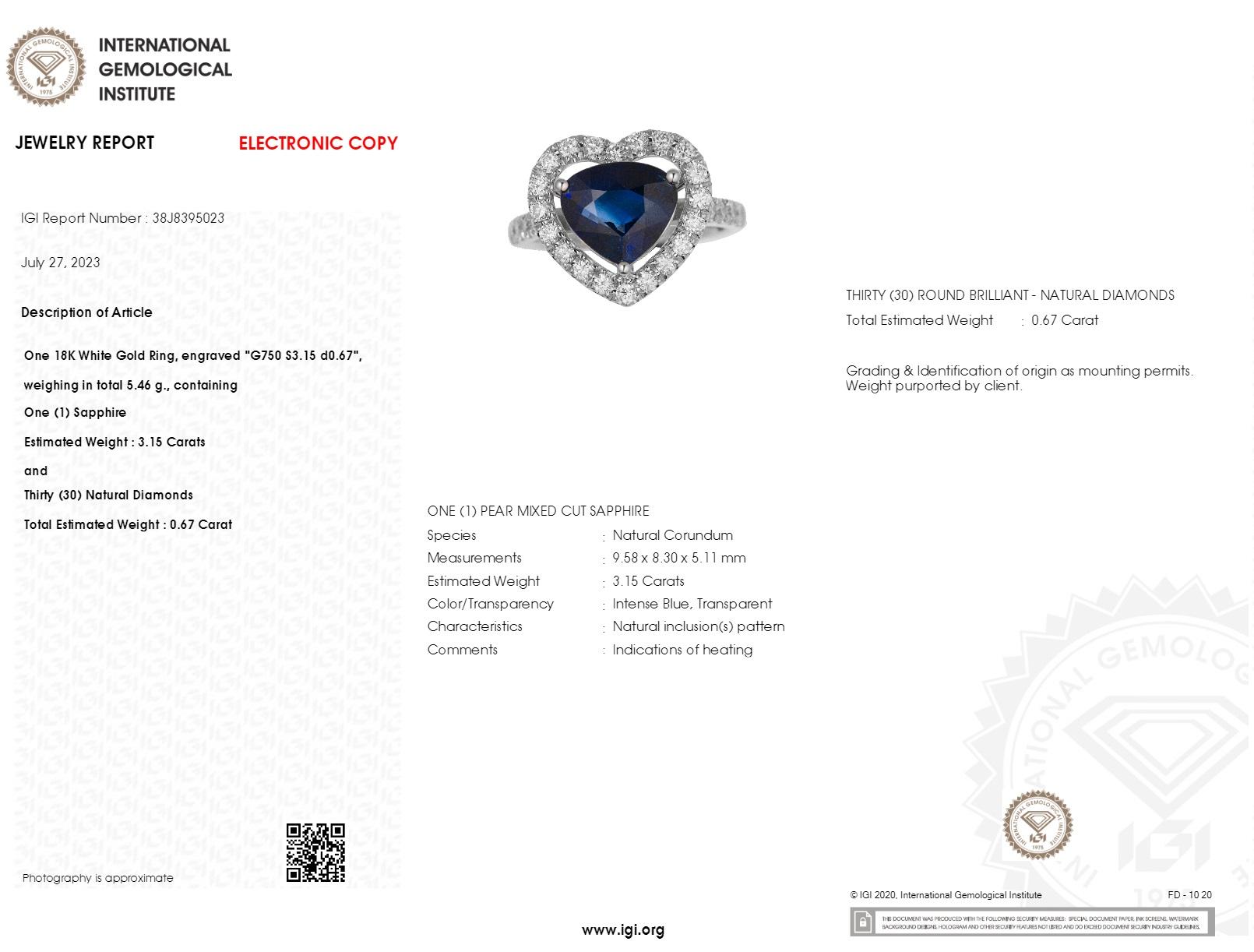 IGI Certified 3.15Carat Blue Sapphire & Diamond Ring in 18K White Gold For Sale 2