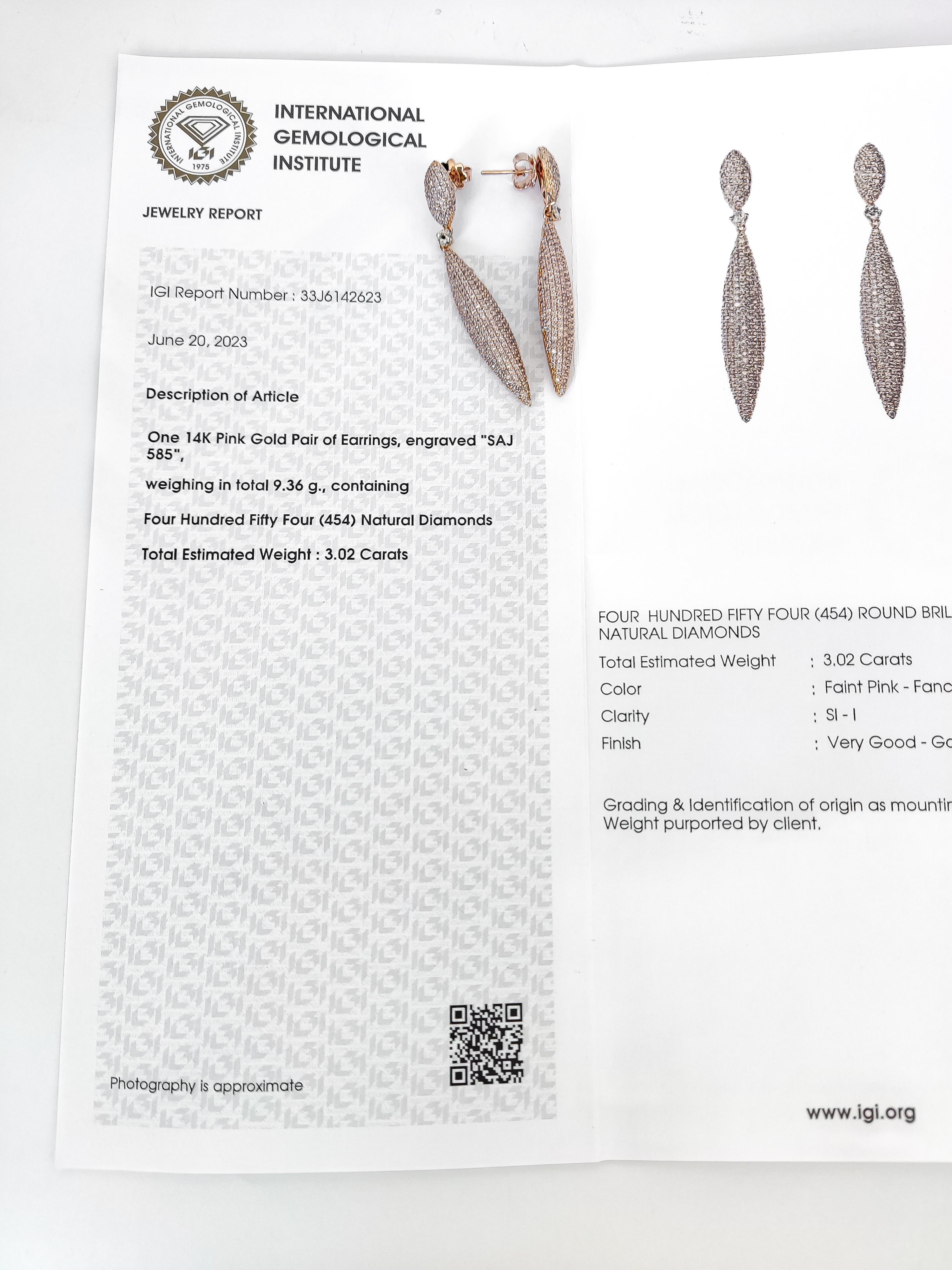 Women's IGI Certified 3.20 Carat Round Brilliant Pink Diamond Earring 14K  For Sale