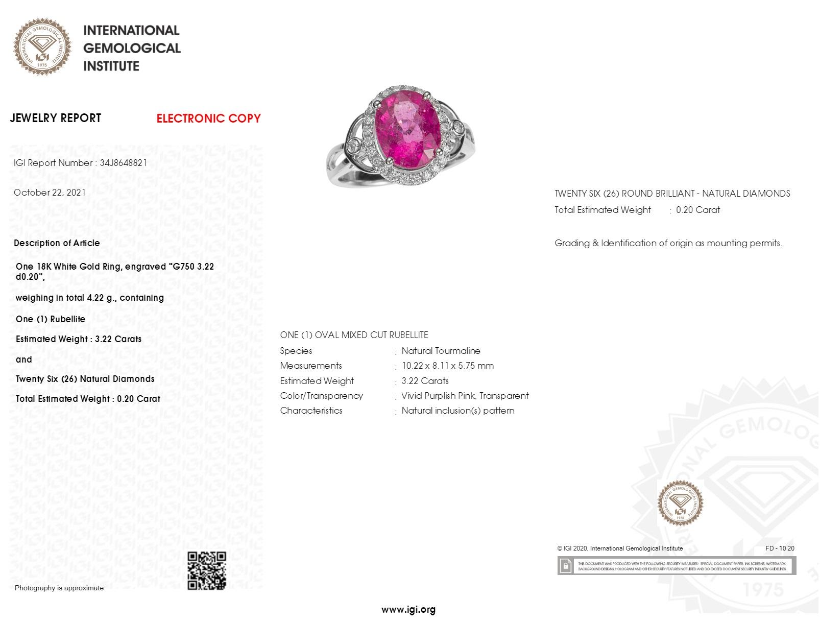 IGI Certified 3.22 Carat Tourmaline & Diamond Ring in 18K White Gold For Sale 3