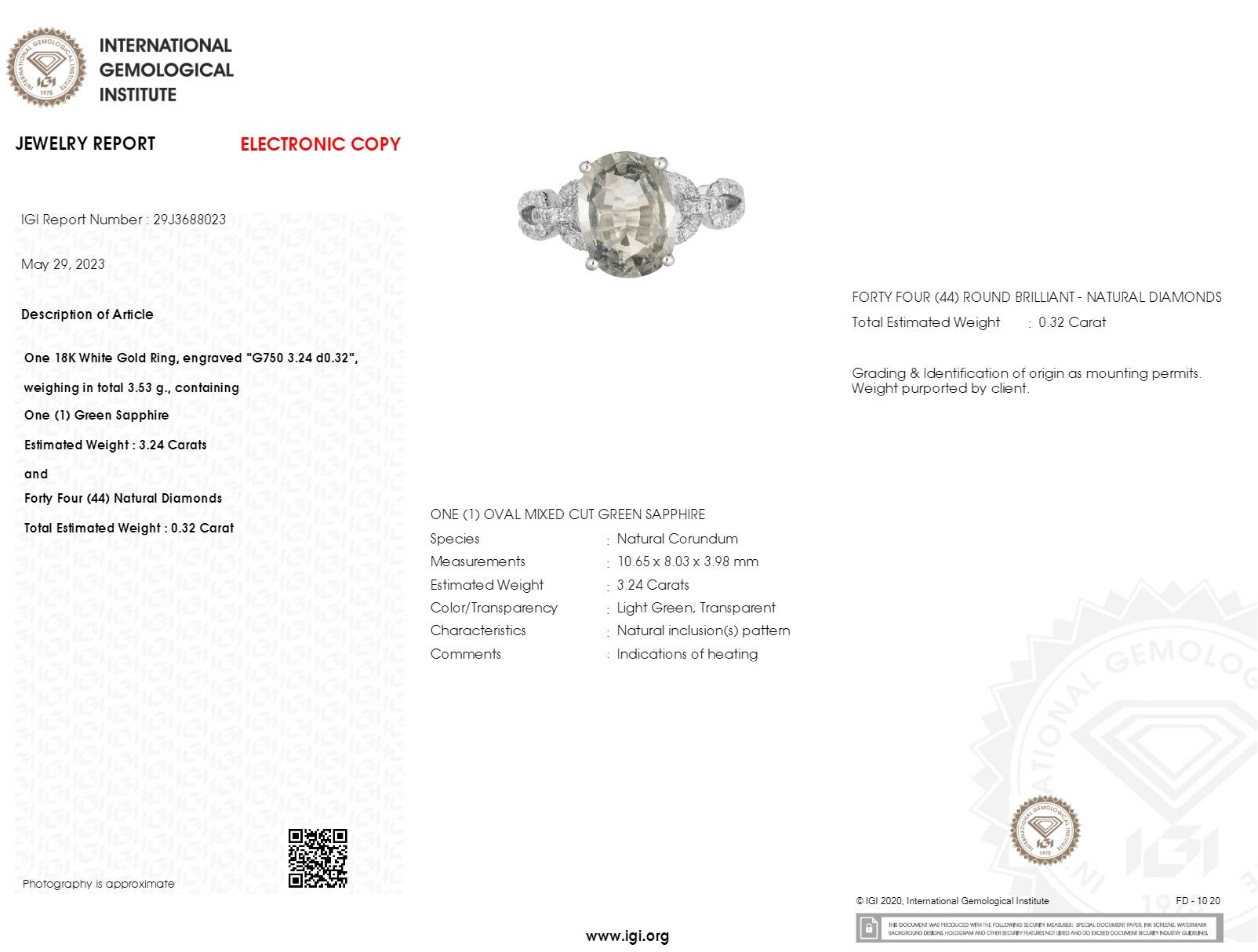 IGI Certified 3.24 Carat Light Green Sapphire & Diamond Ring in 18K White Gold For Sale 1
