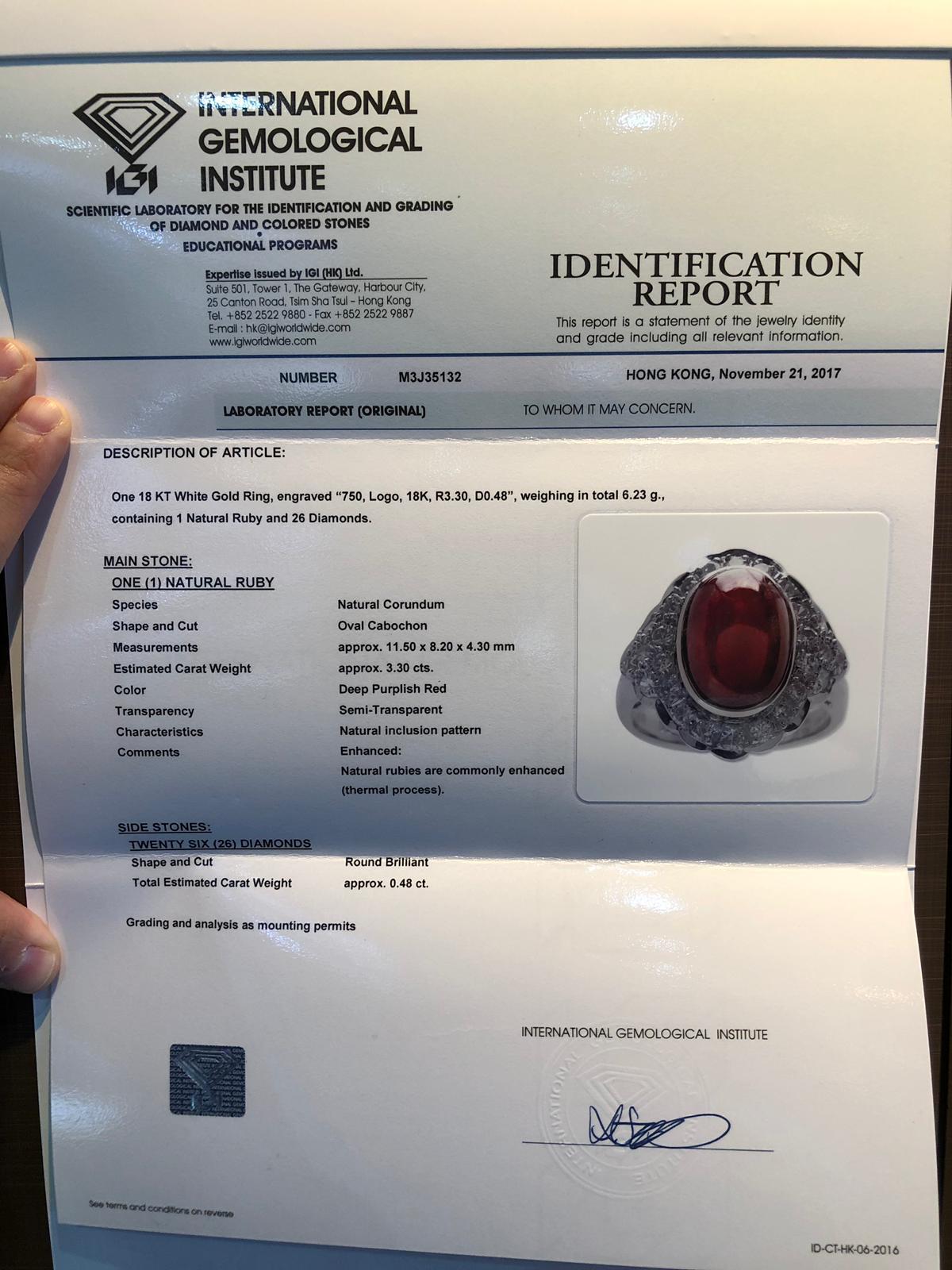 IGI Certified 3.30 Carat Ruby & Diamond Ring in 18K White Gold For Sale 2