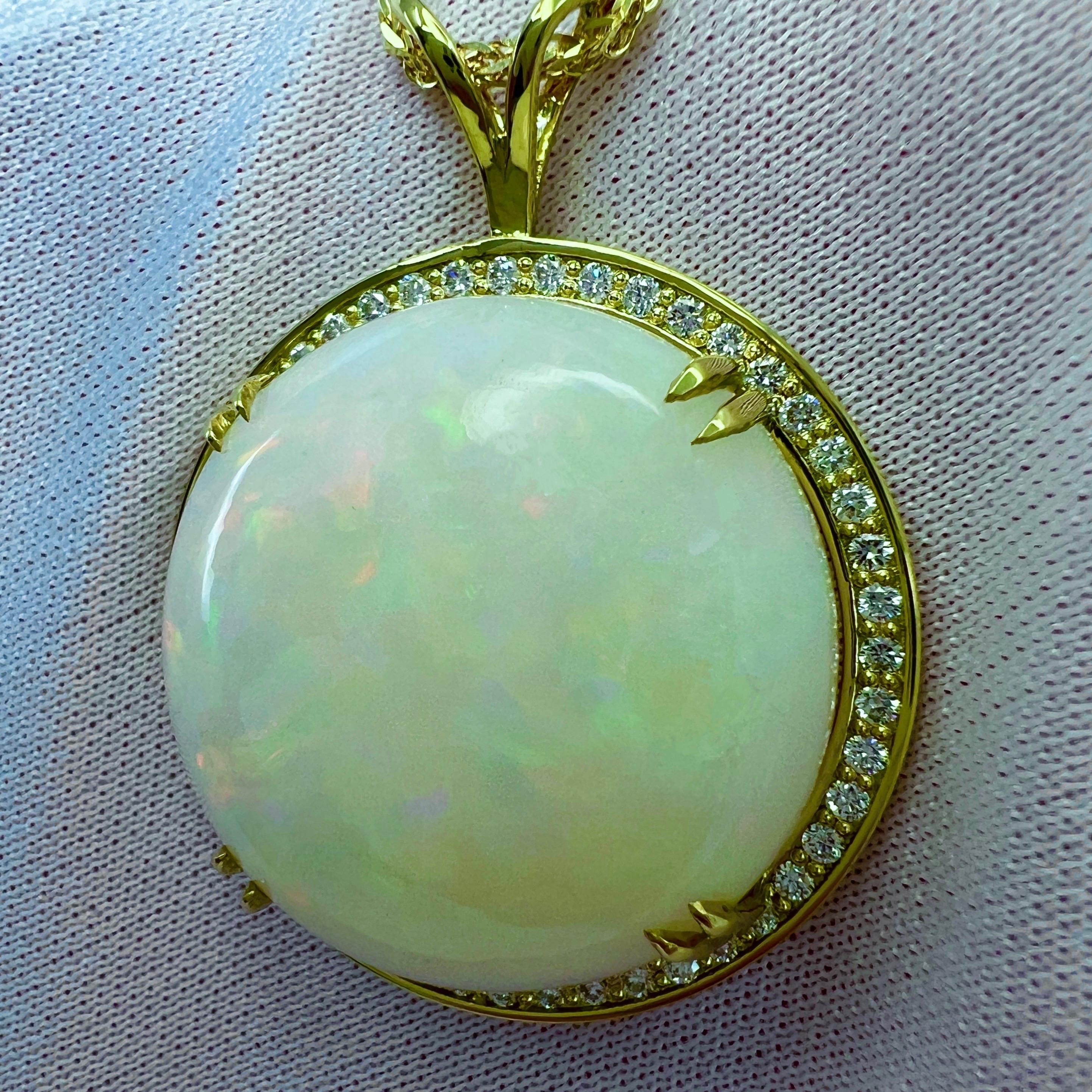 IGI Certified 33.17ct Fine White Opal & Diamond 18k Yellow Gold Pendant Necklace For Sale 5