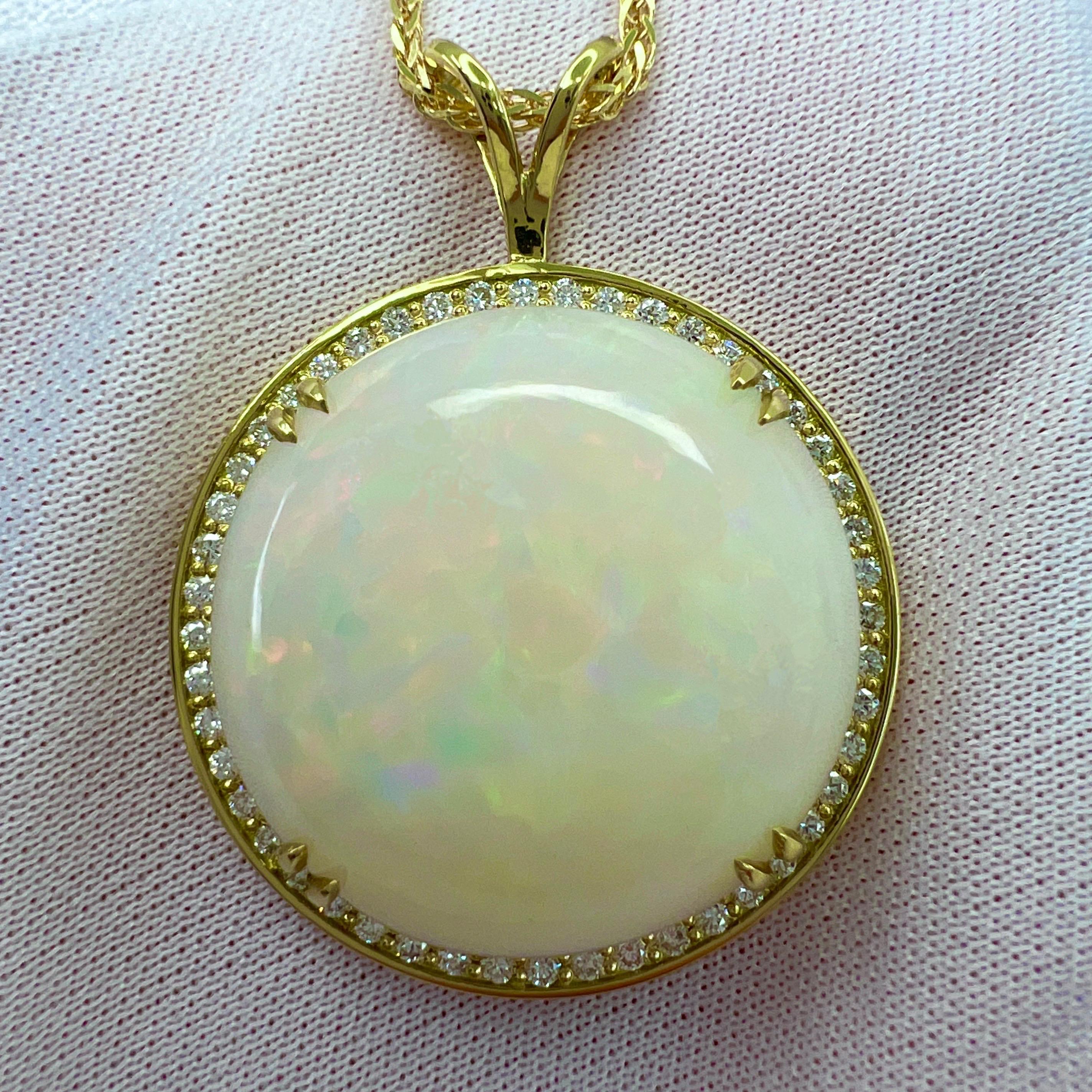 Cabochon IGI Certified 33.17ct Fine White Opal & Diamond 18k Yellow Gold Pendant Necklace For Sale