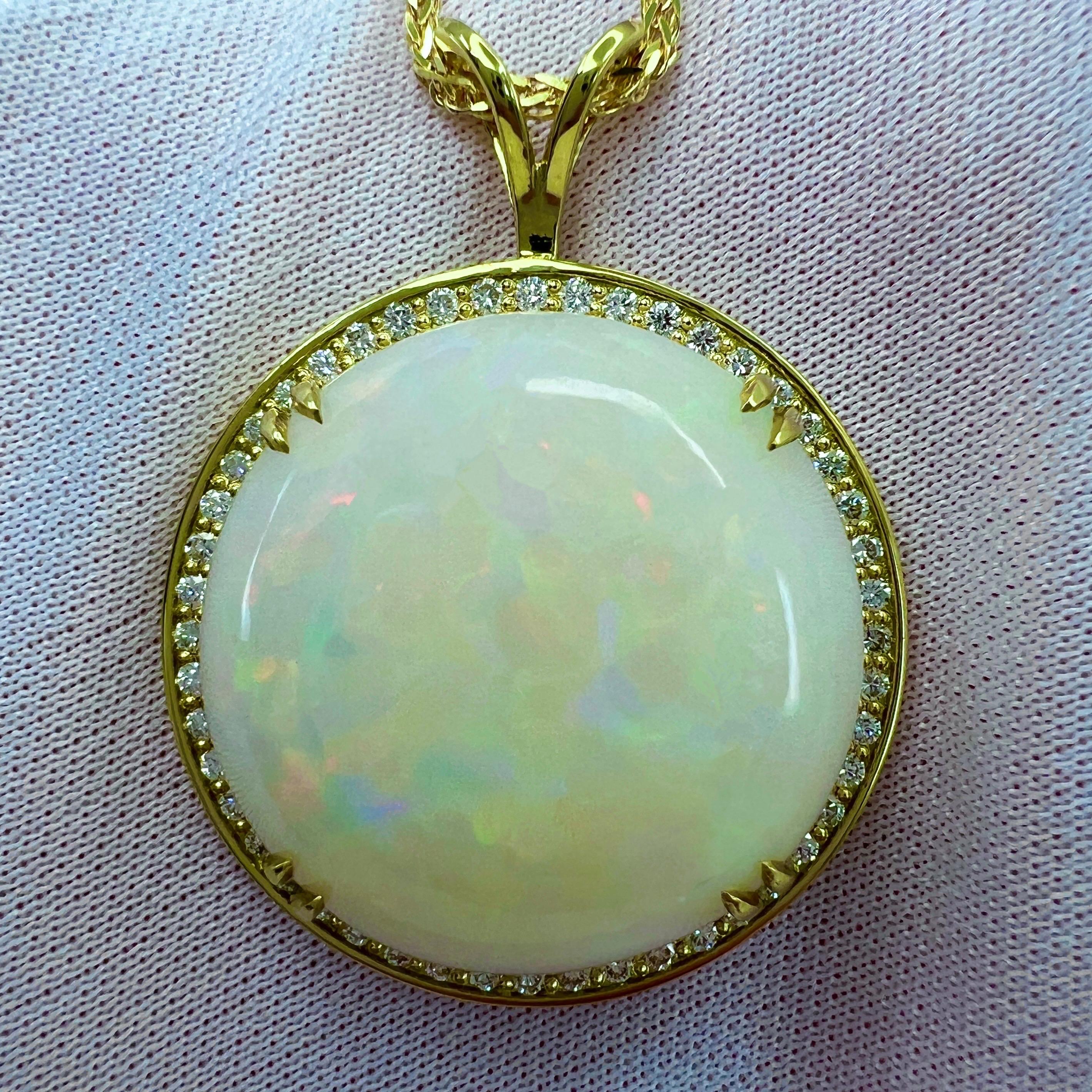 IGI Certified 33.17ct Fine White Opal & Diamond 18k Yellow Gold Pendant Necklace In New Condition For Sale In Birmingham, GB