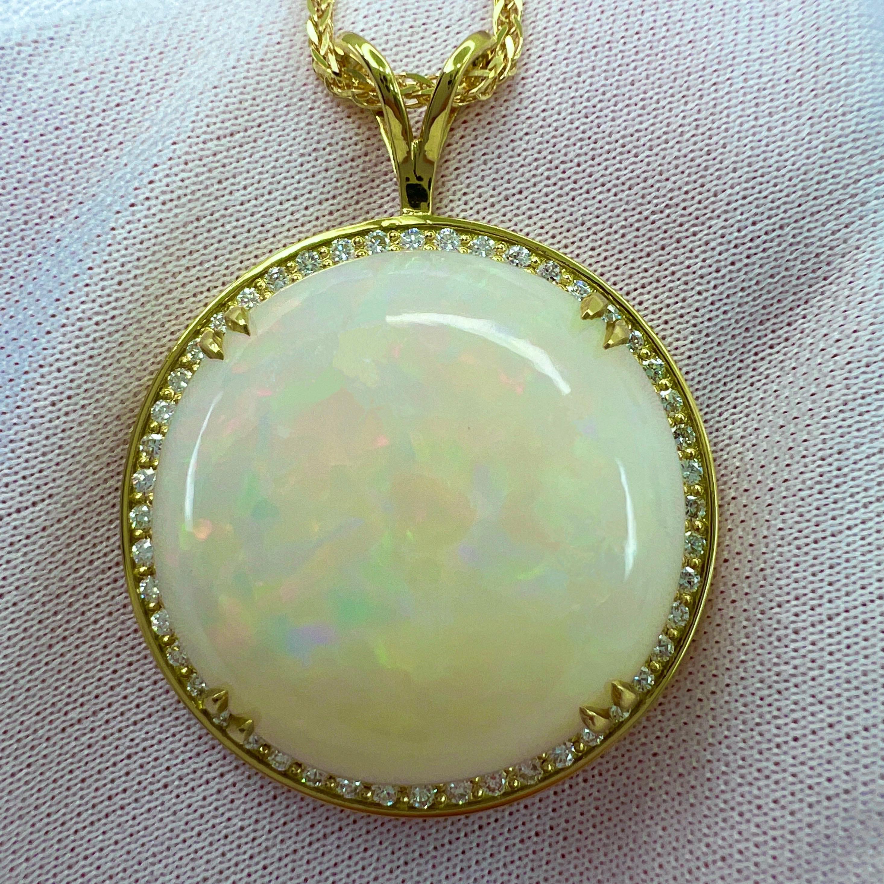 Women's or Men's IGI Certified 33.17ct Fine White Opal & Diamond 18k Yellow Gold Pendant Necklace For Sale