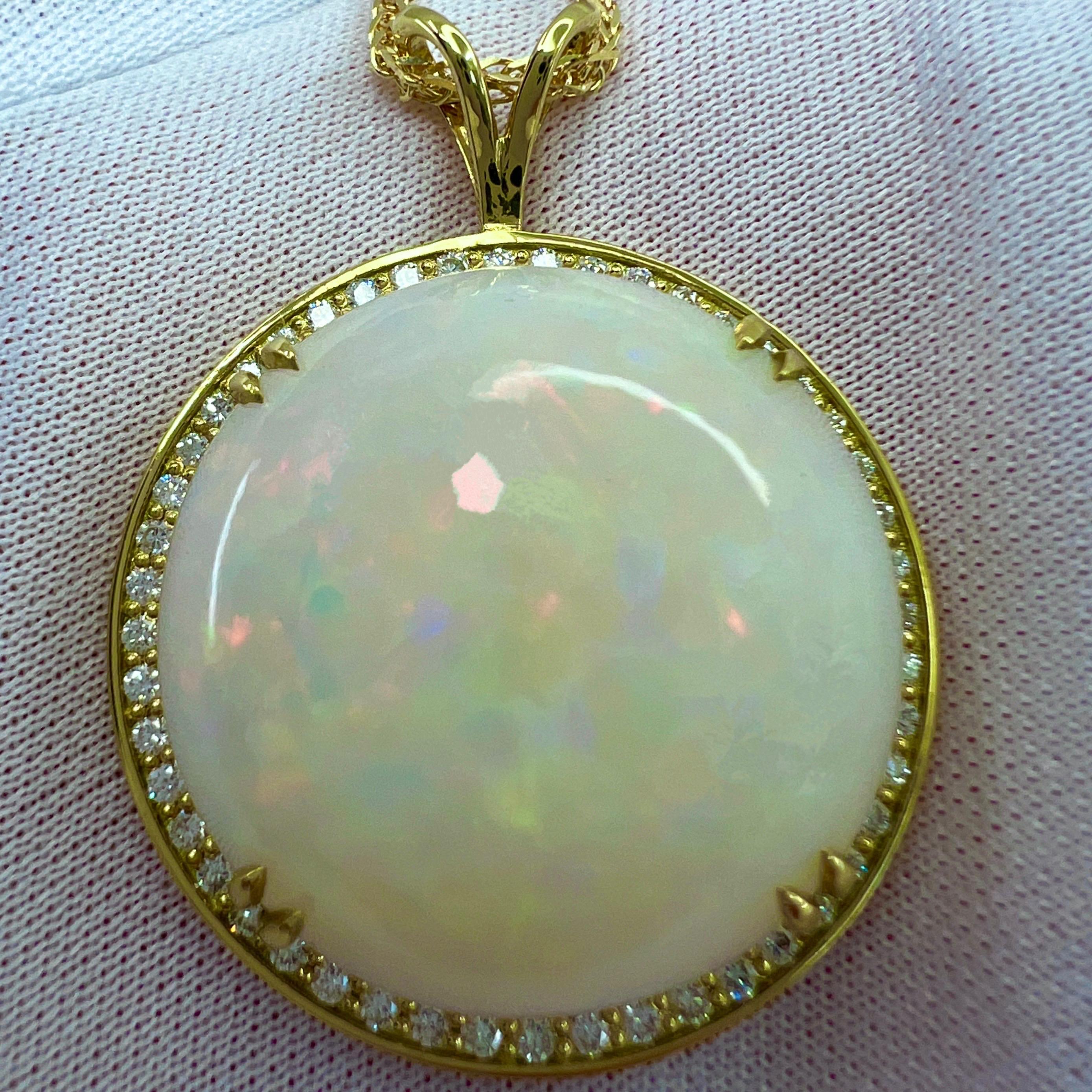 IGI Certified 33.17ct Fine White Opal & Diamond 18k Yellow Gold Pendant Necklace For Sale 1