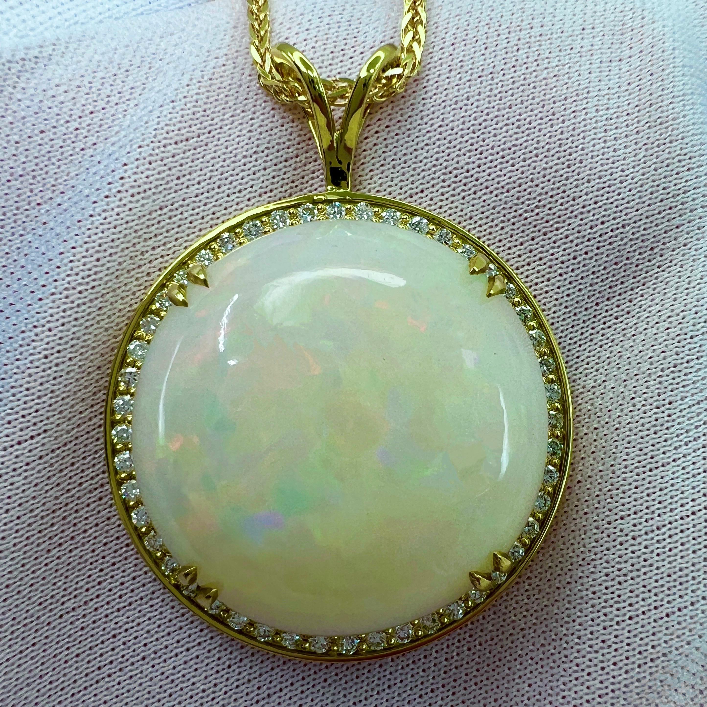 IGI Certified 33.17ct Fine White Opal & Diamond 18k Yellow Gold Pendant Necklace For Sale 3