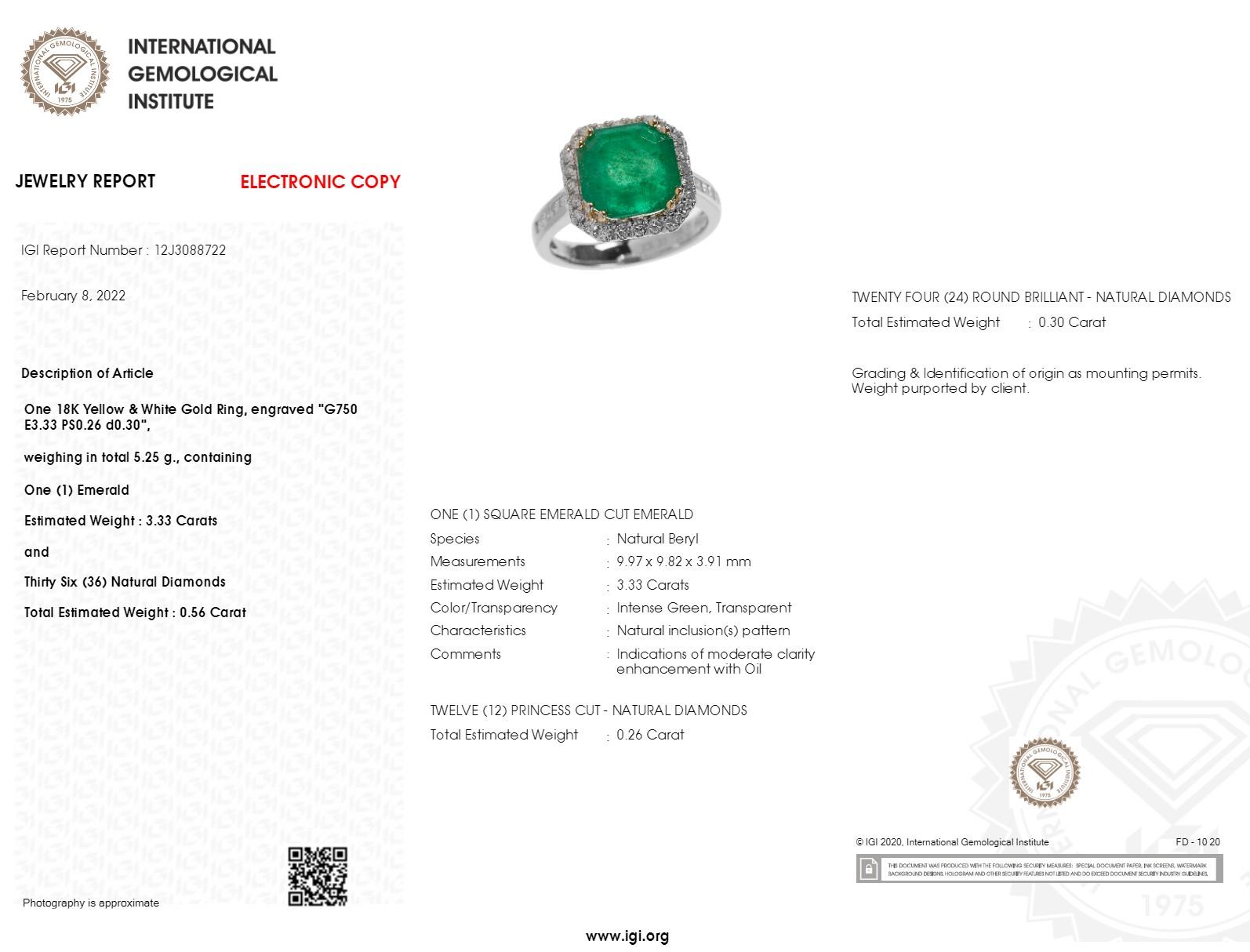 Modern IGI certified 3.33 Carat Emerald & 0.56 Carat Diamond Ring  For Sale