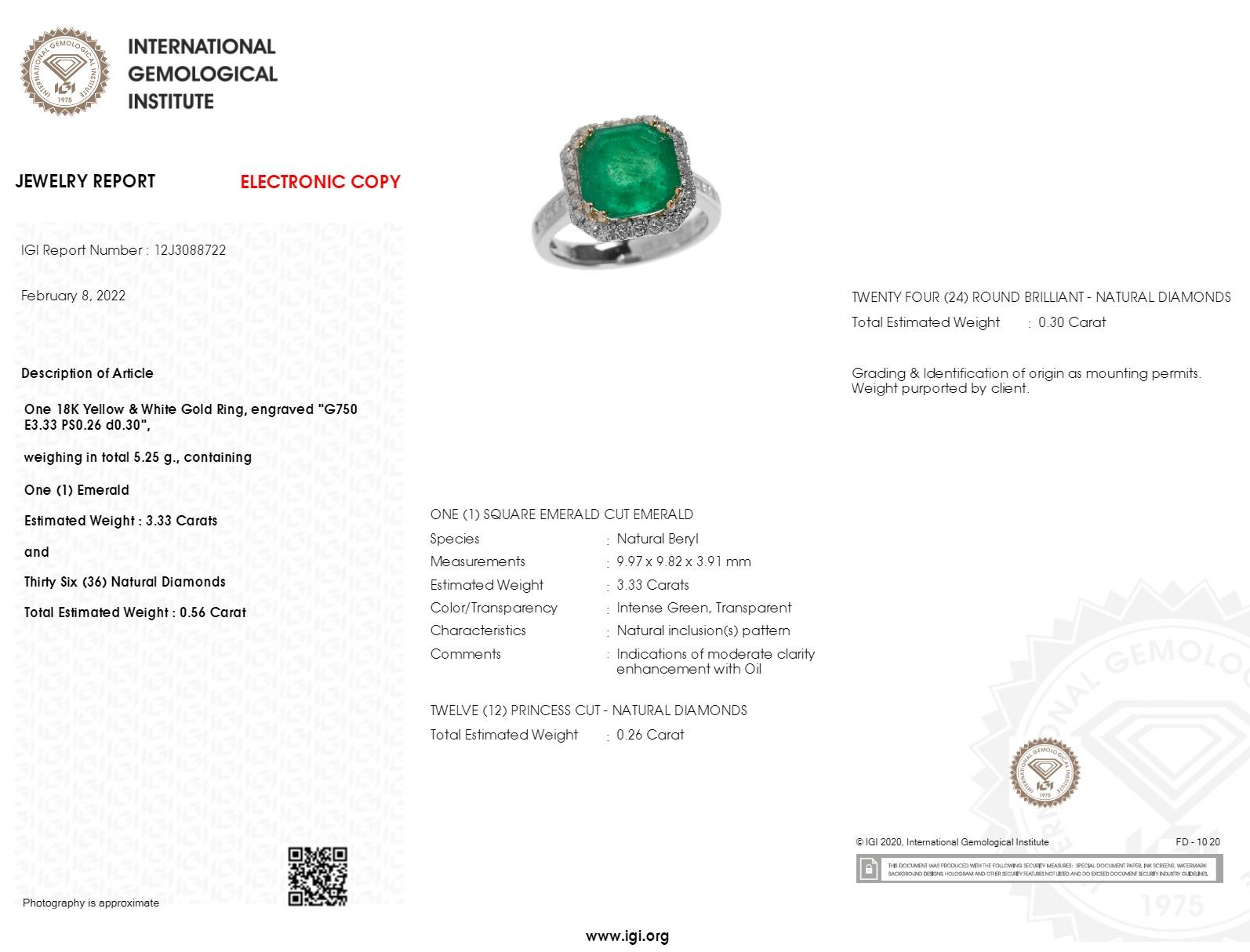 IGI-zertifizierter 3,33 Karat Smaragd- und 0,56 Karat Diamantring (Moderne) im Angebot