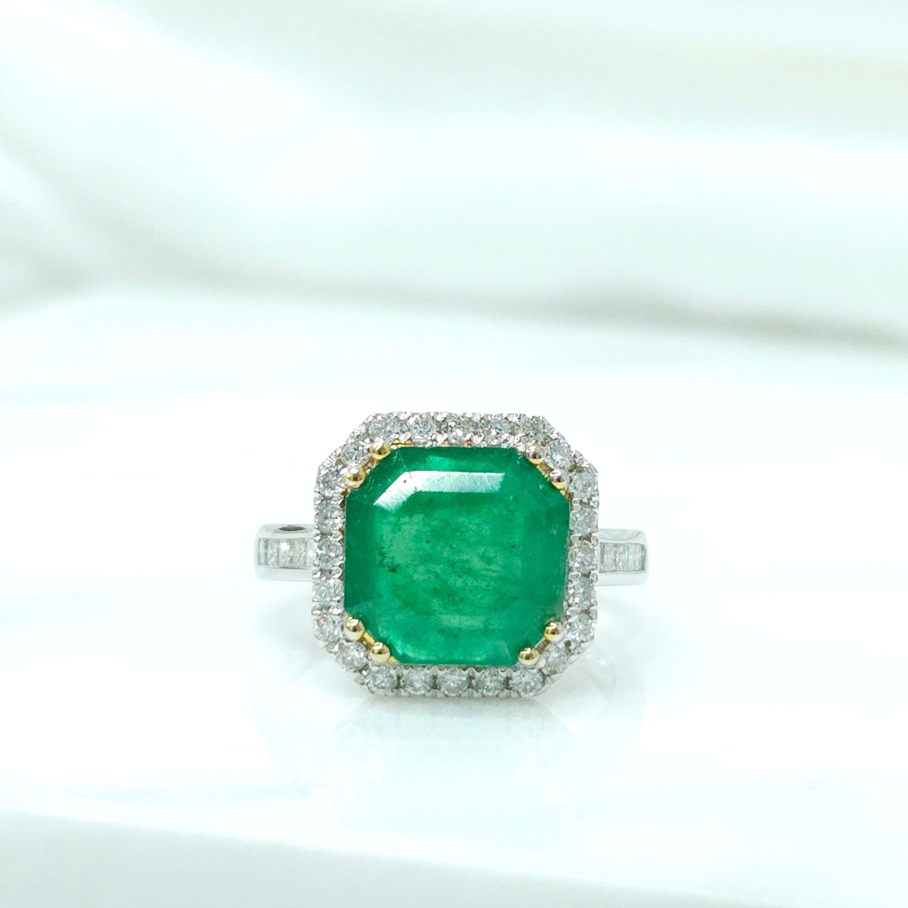 Emerald Cut IGI certified 3.33 Carat Emerald & 0.56 Carat Diamond Ring  For Sale