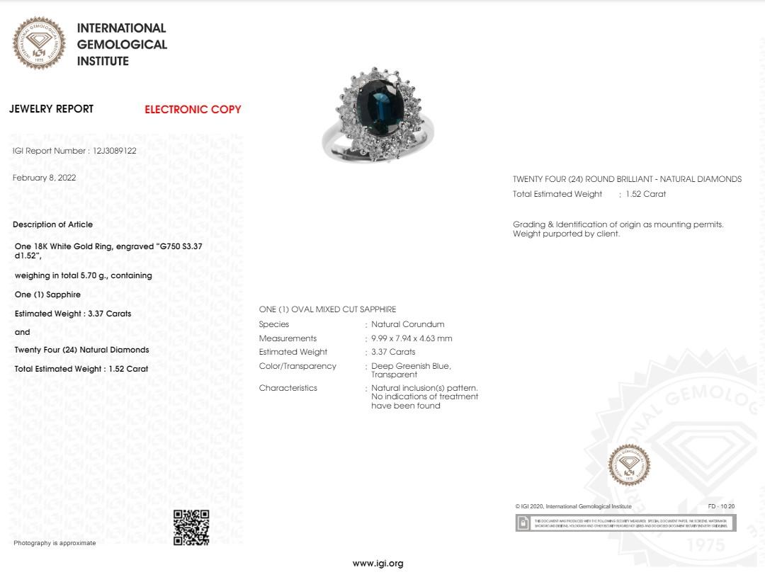 IGI Certified 3.37 Carat No Heat Blue Sapphire & Diamond Ring in 18K White Gold For Sale 4