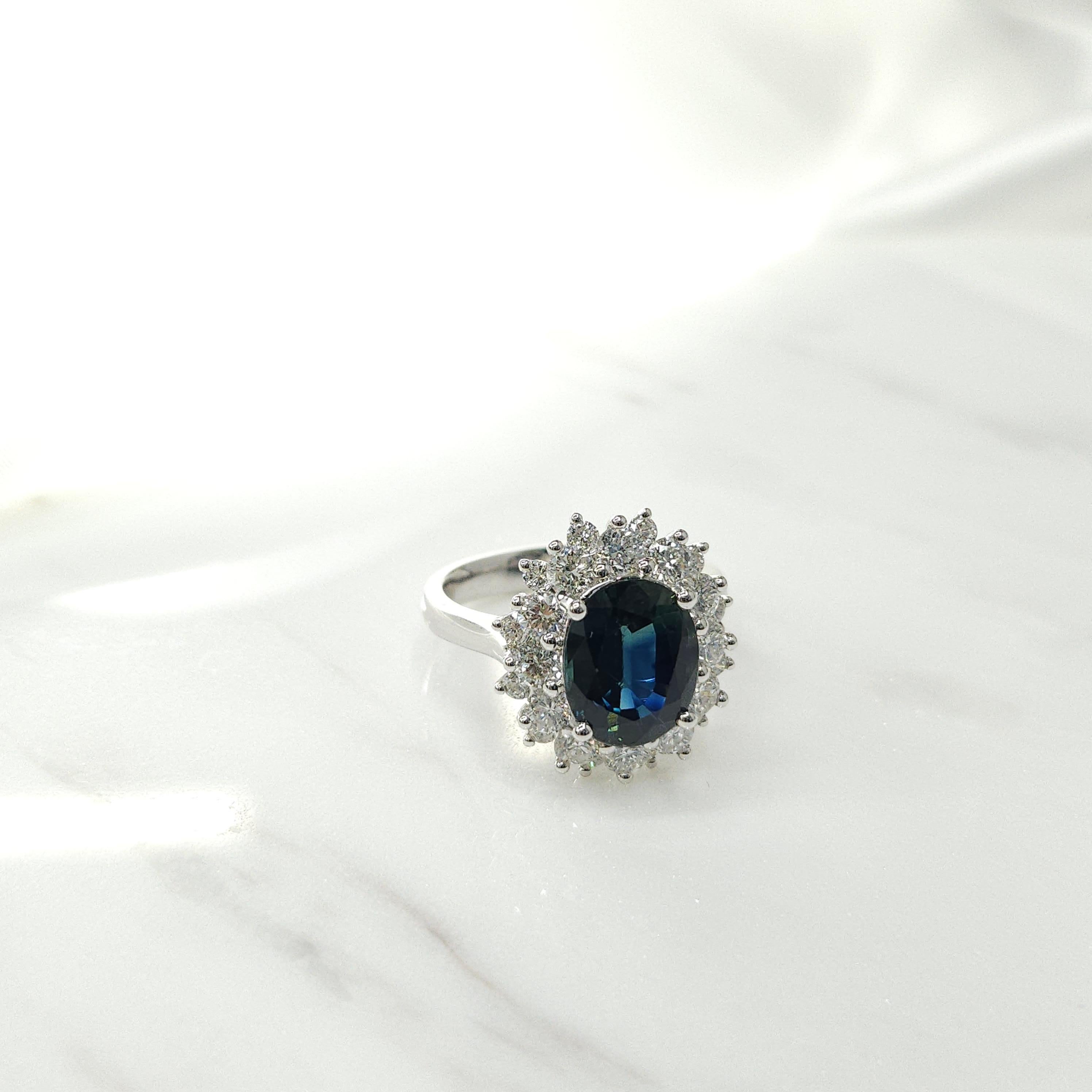 Oval Cut IGI Certified 3.37 Carat No Heat Blue Sapphire & Diamond Ring in 18K White Gold For Sale