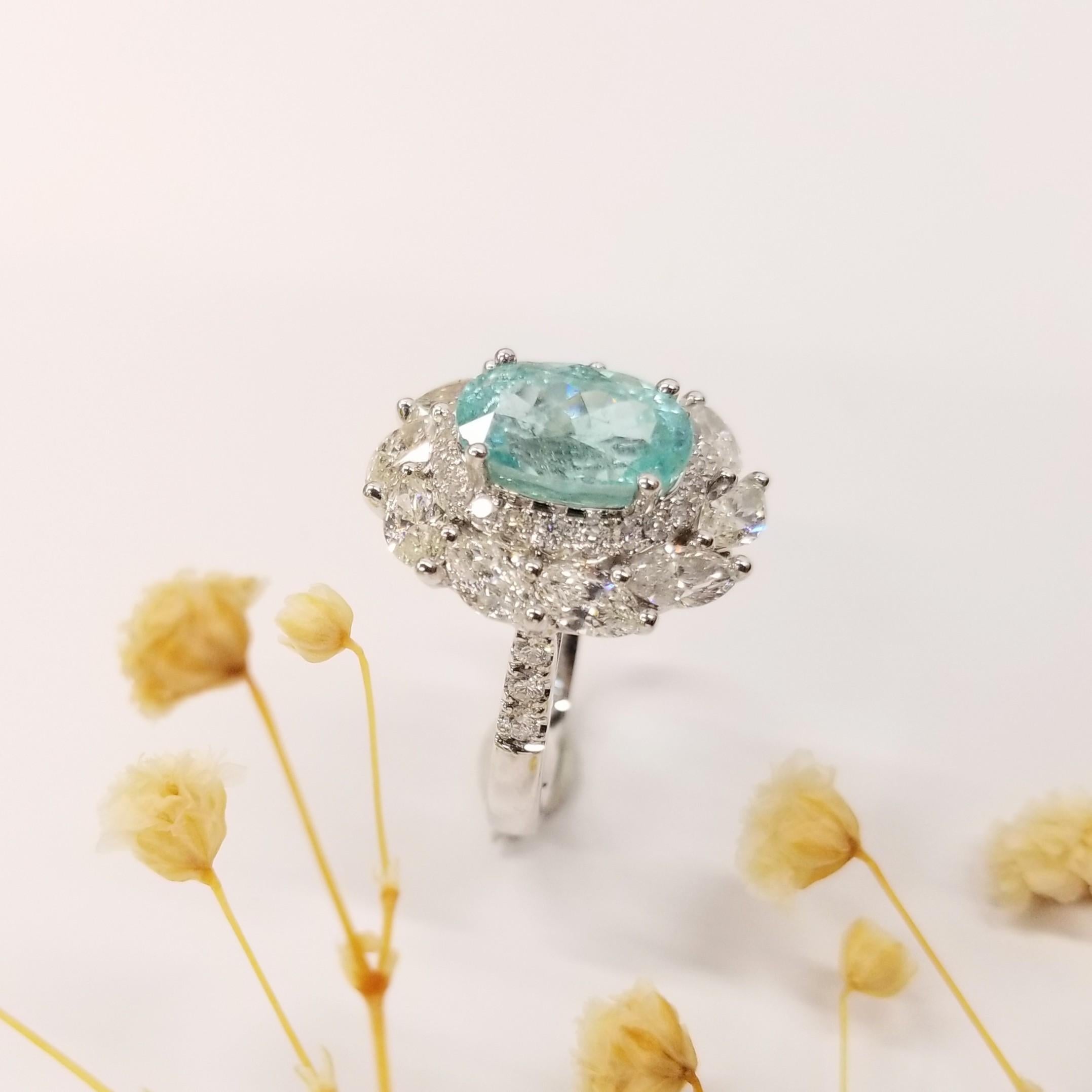 IGI-zertifizierter 3,38 Karat Paraiba- und Diamantring aus 18 Karat Weißgold 4