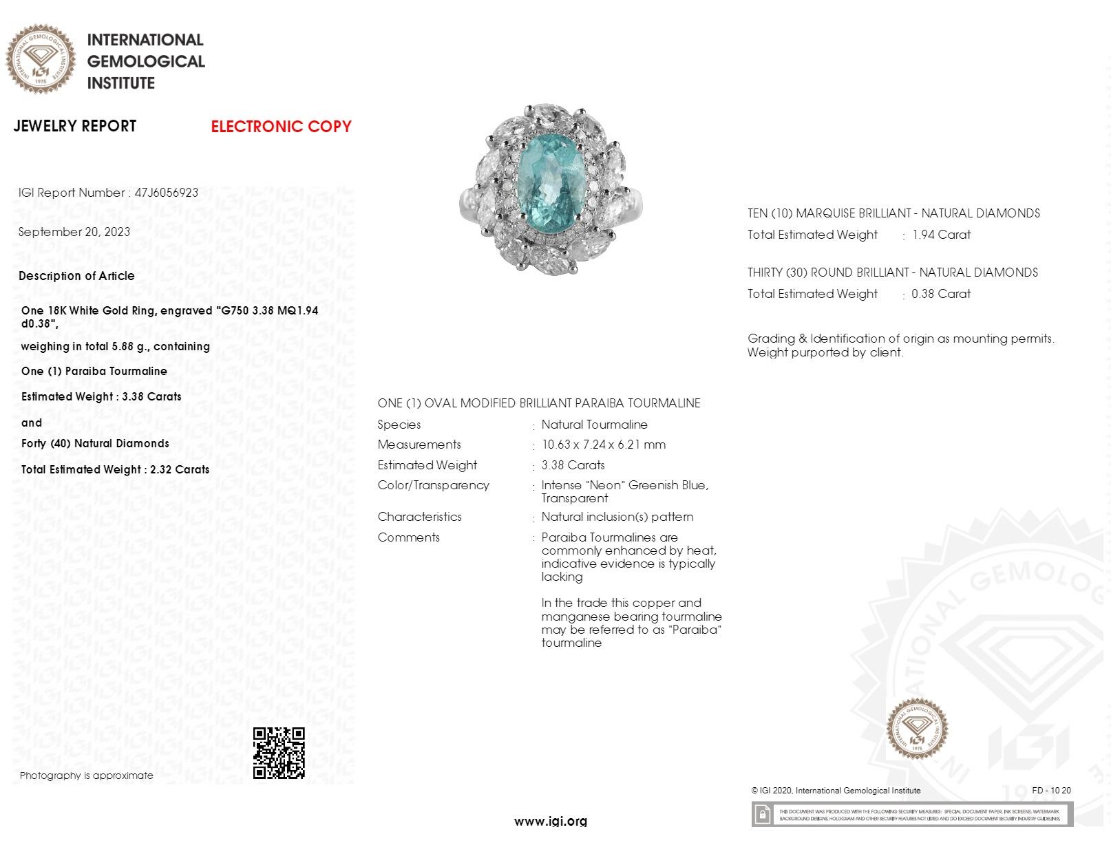 IGI-zertifizierter 3,38 Karat Paraiba- und Diamantring aus 18 Karat Weißgold 7