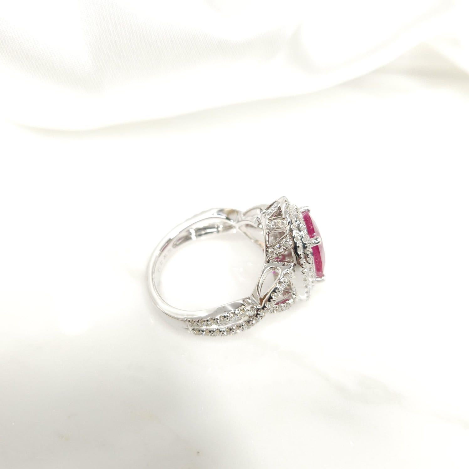 IGI Certified 3.42 Carat Burma Ruby & Diamond Ring in 18K White Gold For Sale 5