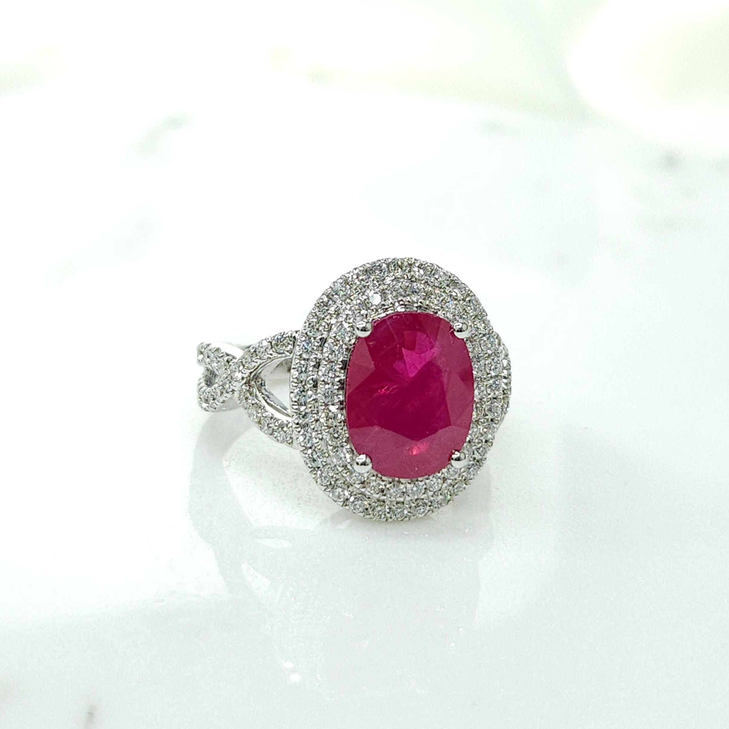Women's IGI Certified 3.42 Carat Burma Ruby & Diamond Ring in 18K White Gold For Sale