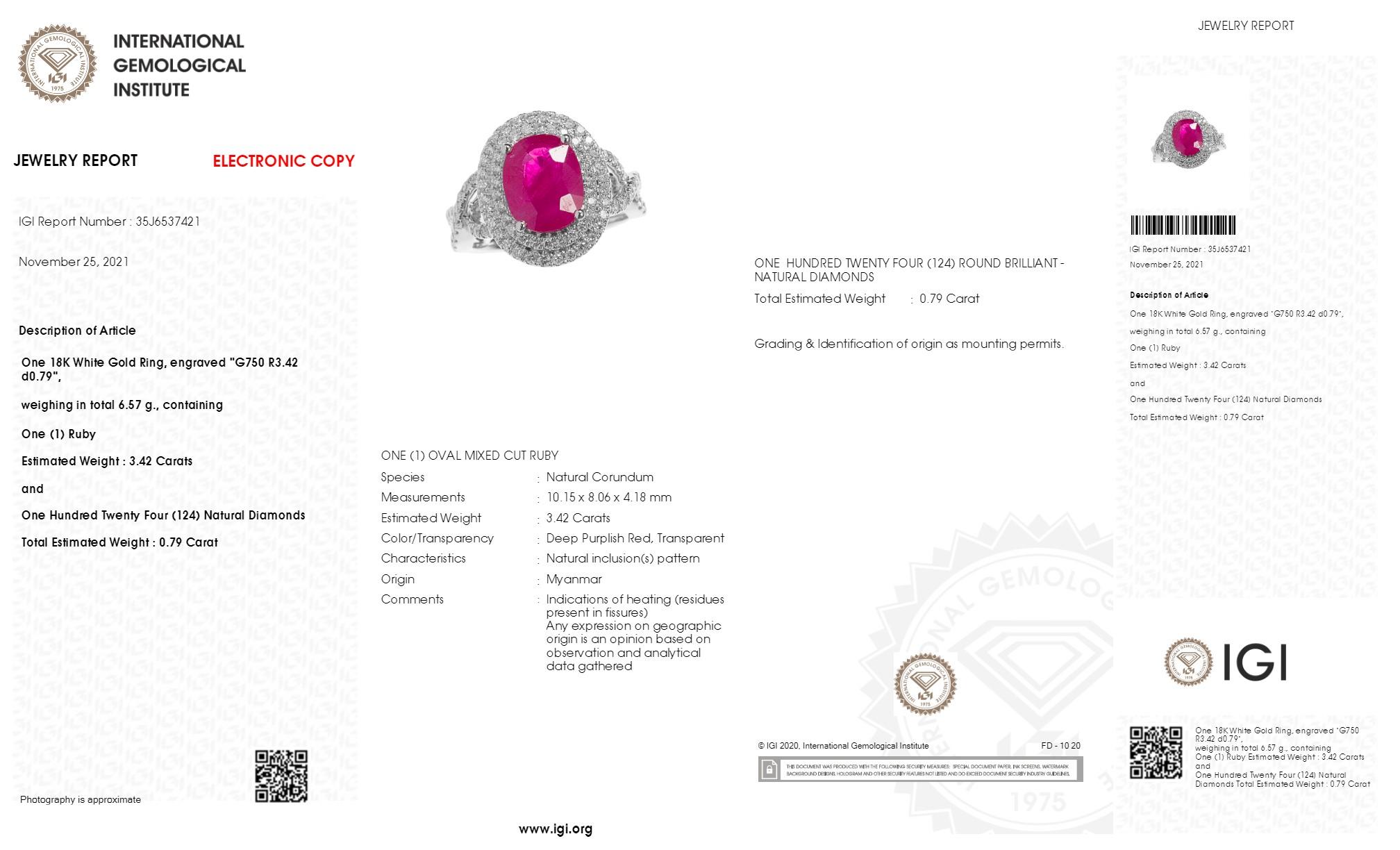 IGI Certified 3.42 Carat Burma Ruby & Diamond Ring in 18K White Gold For Sale 3