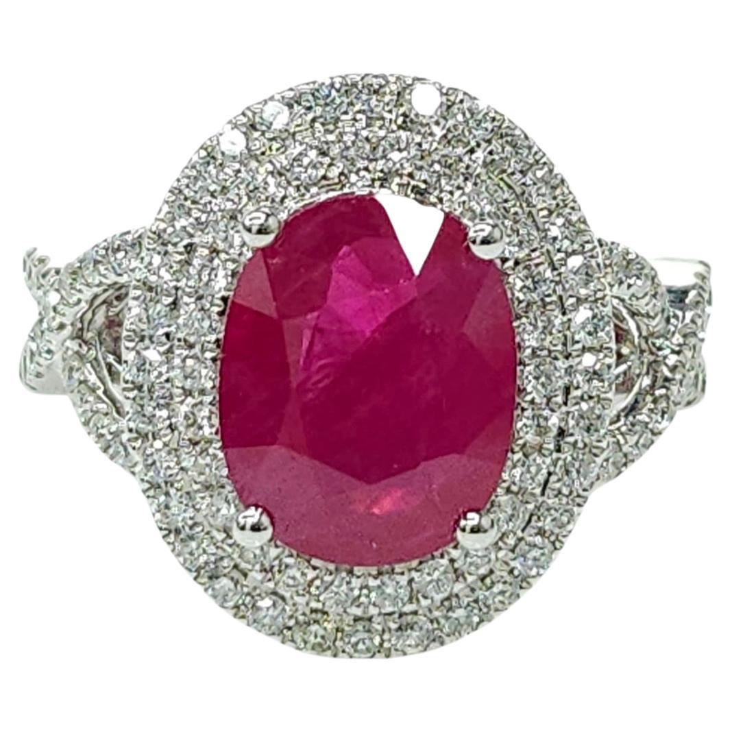 IGI Certified 3.42 Carat Burma Ruby & Diamond Ring in 18K White Gold For Sale