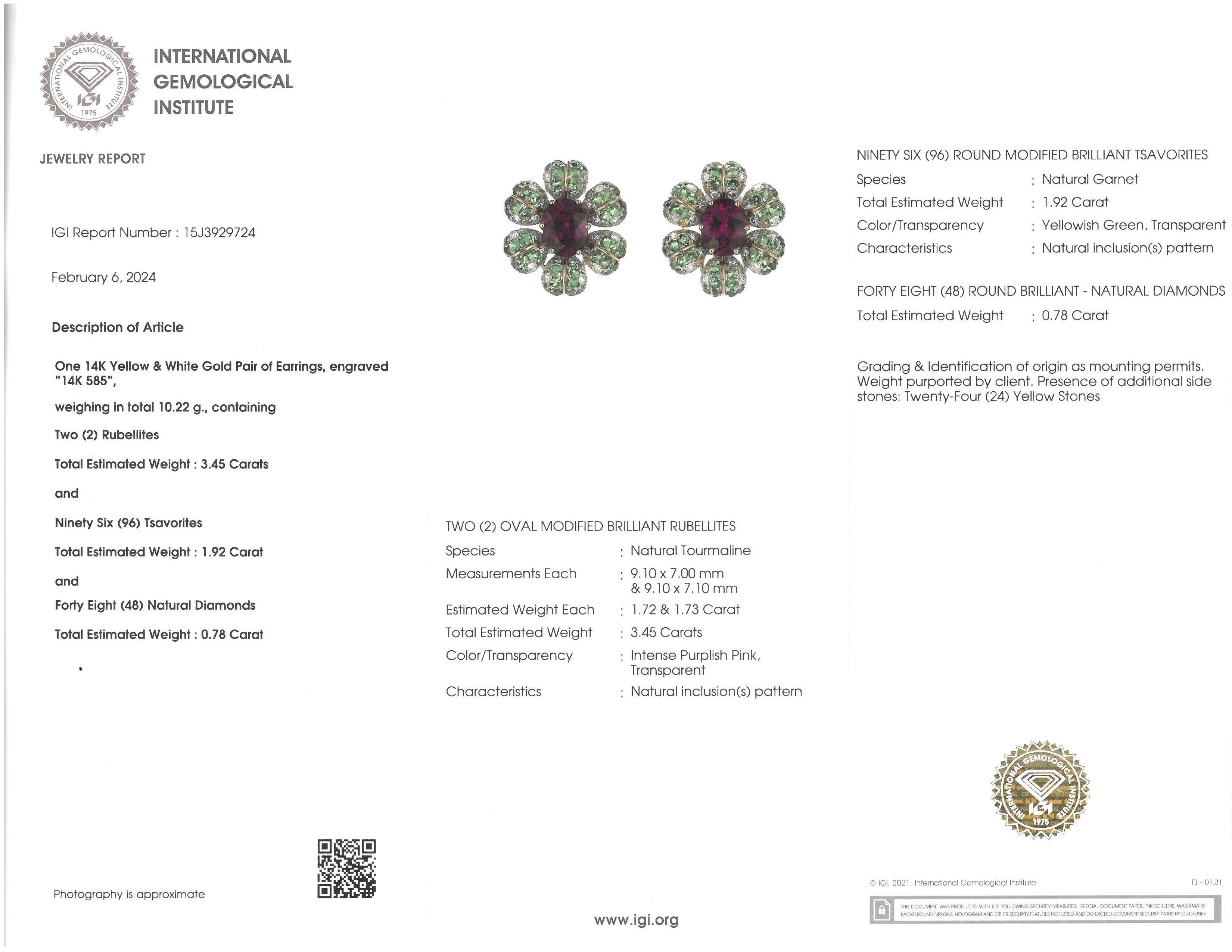 IGI-zertifizierter Ohrring aus 14 Karat Gelbgold mit 3,45 Karat Rubellit-Diamant und Peridot (Zeitgenössisch) im Angebot