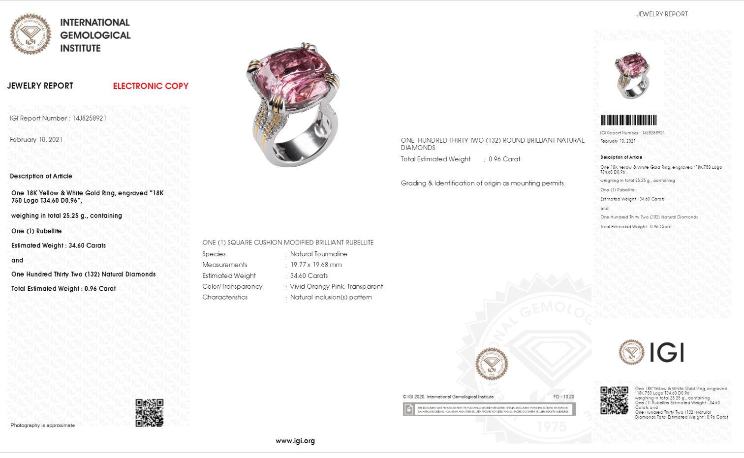 IGI Certified 34.60 Carat Rubellite Tourmaline and Diamond Cocktail Ring In New Condition For Sale In Hung Hom, HK