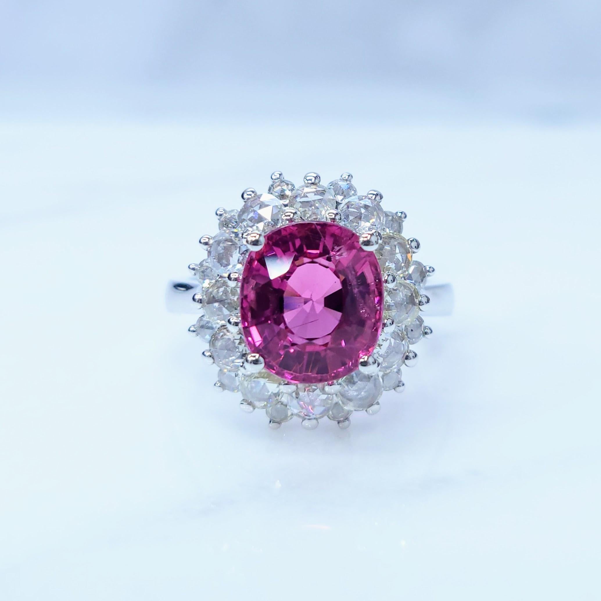 Oval Cut IGI Certified 3.52 Carat Rubellite Tourmaline & Diamond Ring in 18K White Gold For Sale