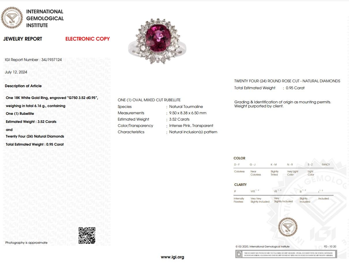 Modern IGI Certified 3.52 Carat Rubellite Tourmaline & Diamond Ring in 18K White Gold For Sale