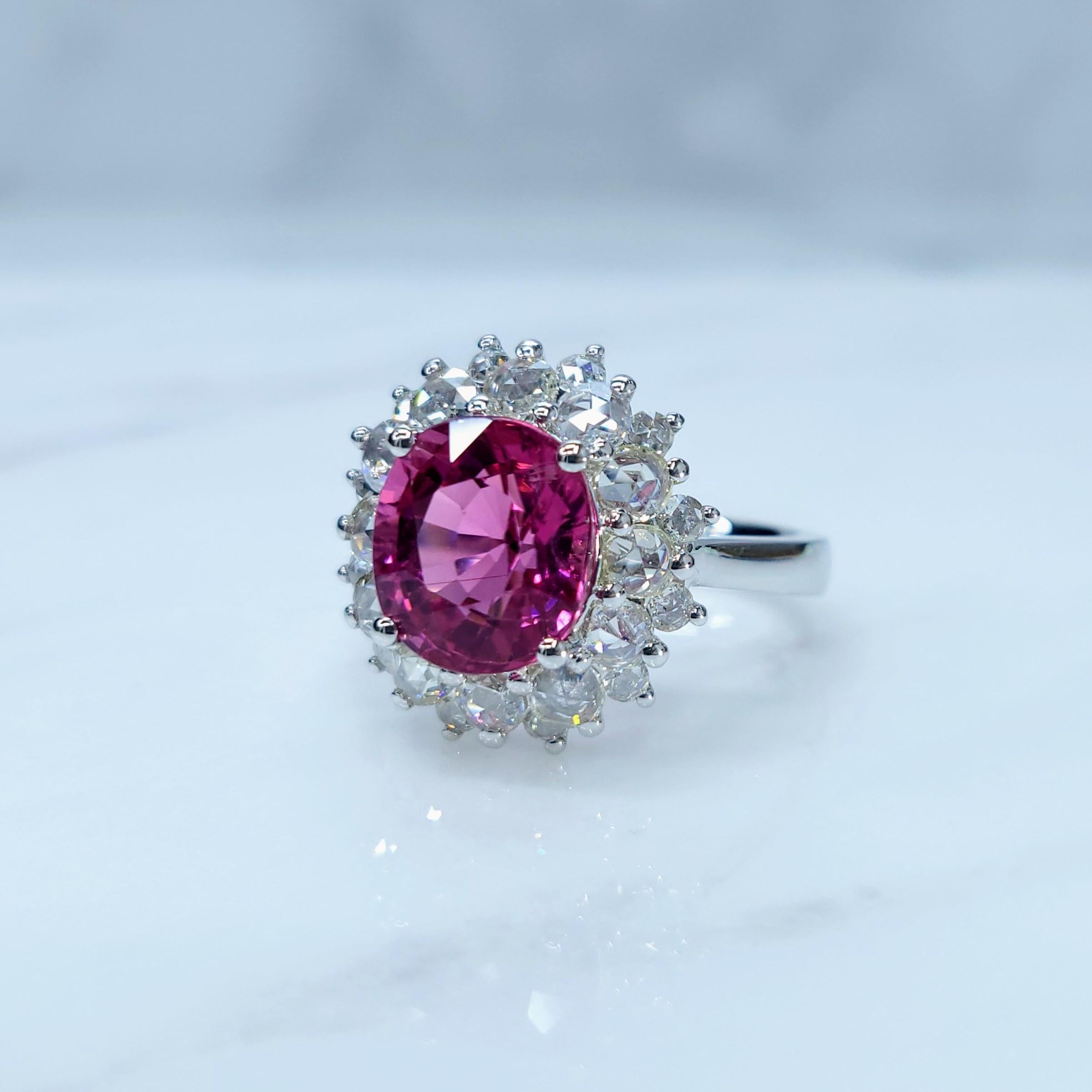 Women's IGI Certified 3.52 Carat Rubellite Tourmaline & Diamond Ring in 18K White Gold For Sale