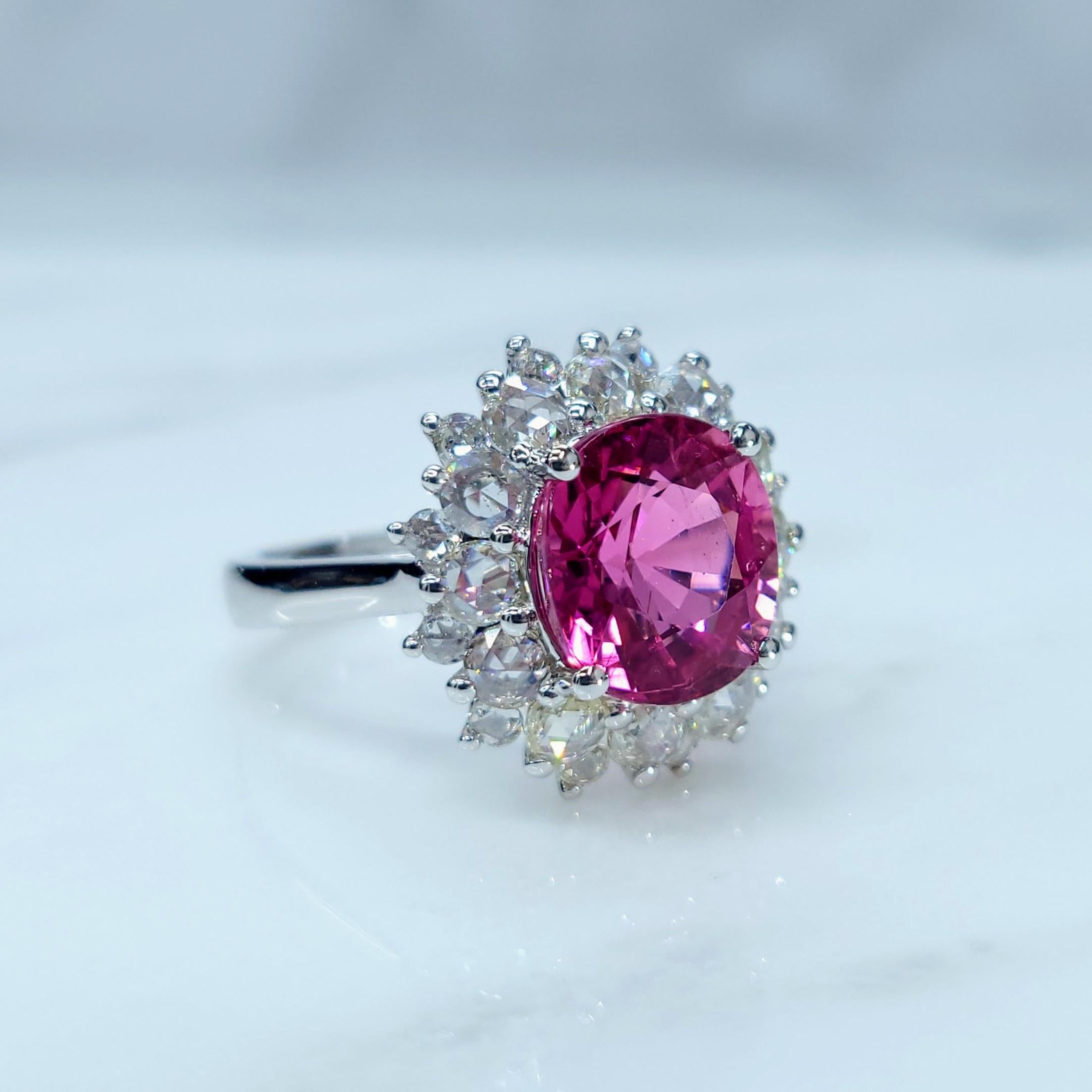 IGI Certified 3.52 Carat Rubellite Tourmaline & Diamond Ring in 18K White Gold For Sale 1