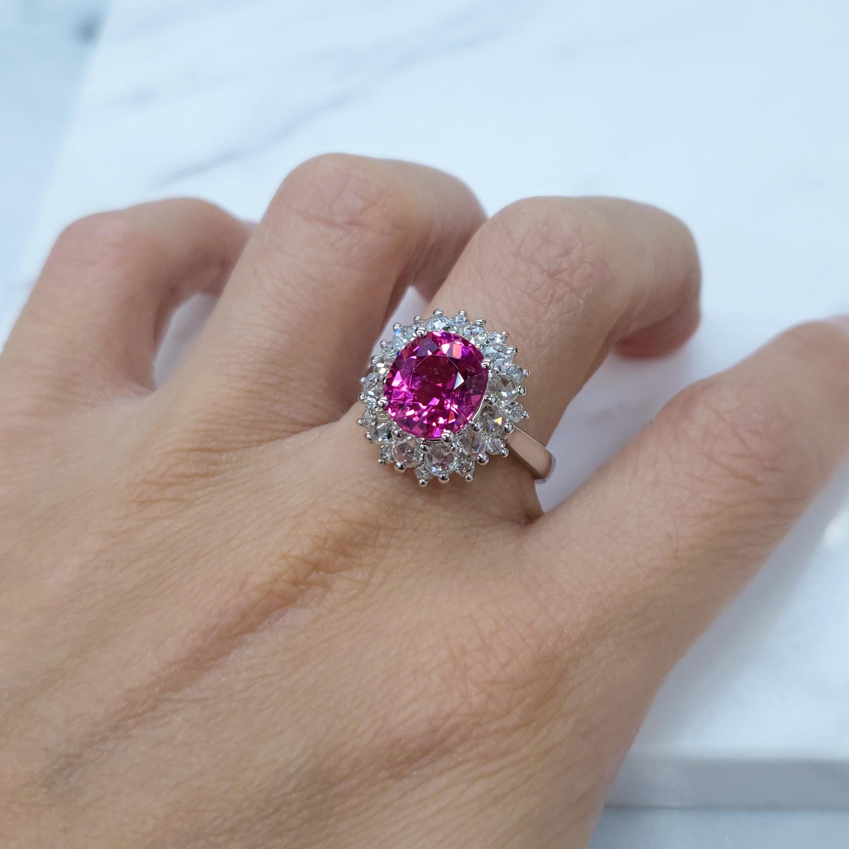 IGI Certified 3.52 Carat Rubellite Tourmaline & Diamond Ring in 18K White Gold For Sale 2