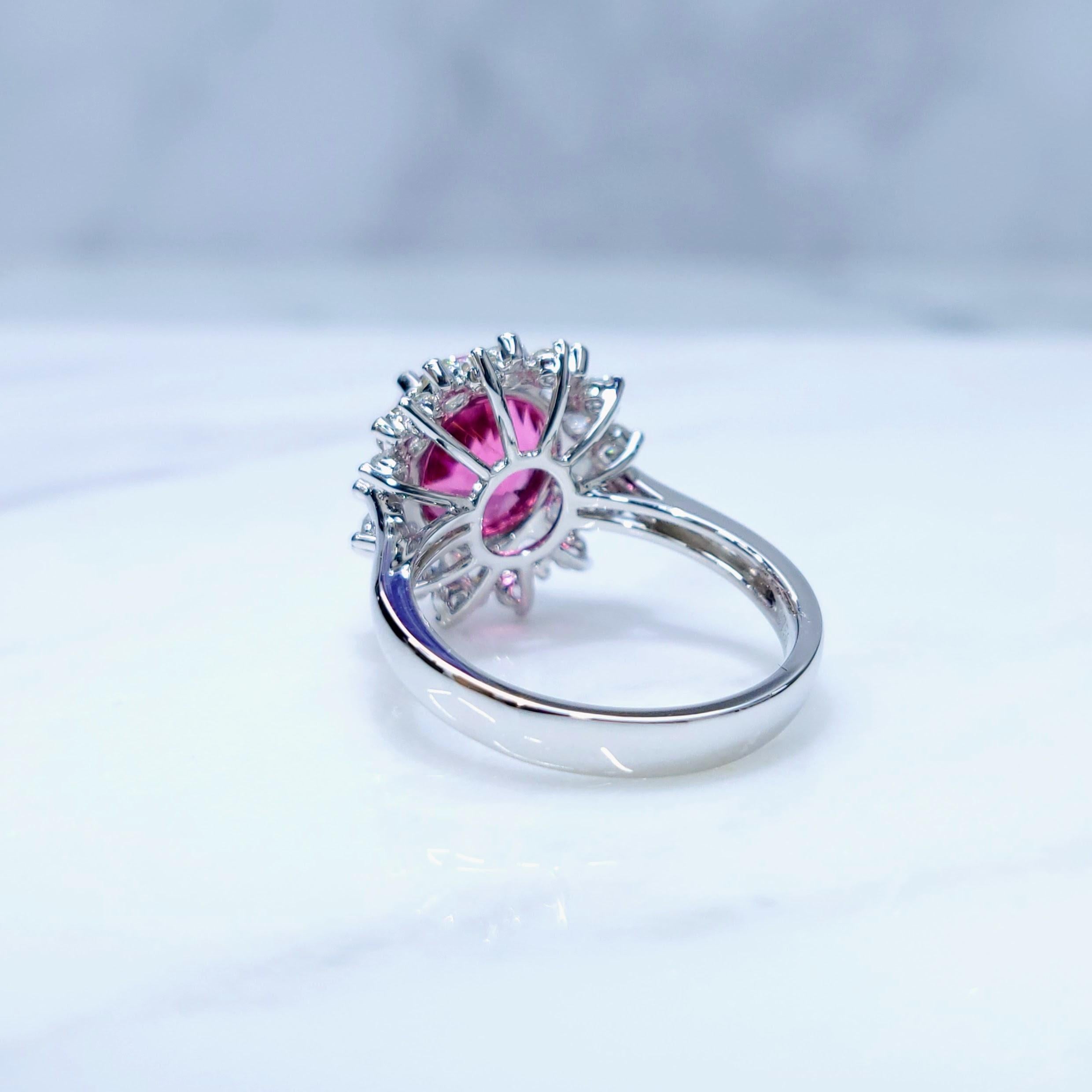IGI Certified 3.52 Carat Rubellite Tourmaline & Diamond Ring in 18K White Gold For Sale 4