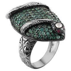 IGI Certified 3.61 Carat Diamond, Emerald and Ruby Snake Motif Statement Ring 8K