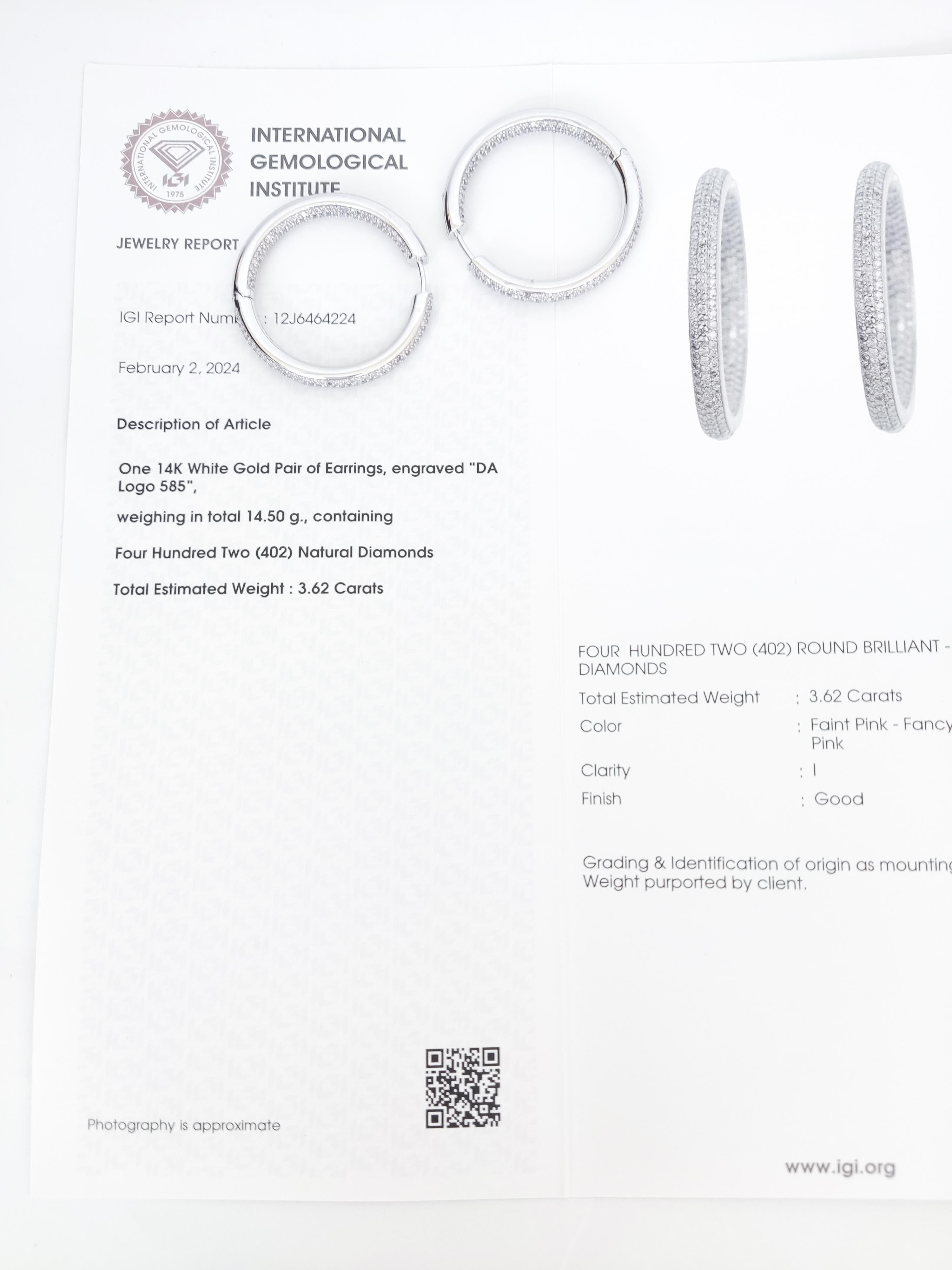 Women's IGI Certified 3.62 Carat Round Pink Diamond Earrings 14k White Gold For Sale