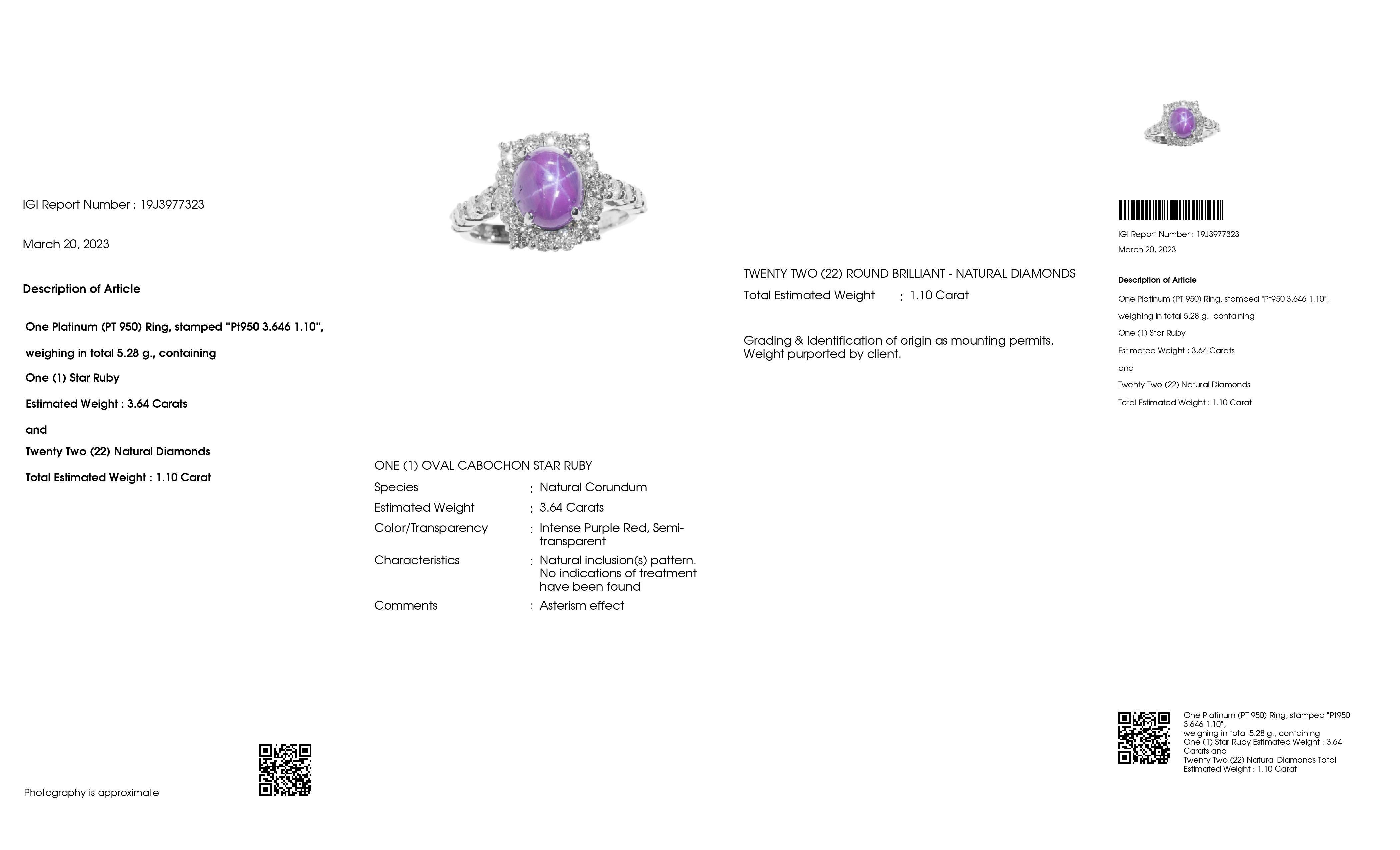 Cabochon IGI Certified 3.64ct Untreated Star Ruby 1.10ct Natural Diamond Platinum Ring For Sale