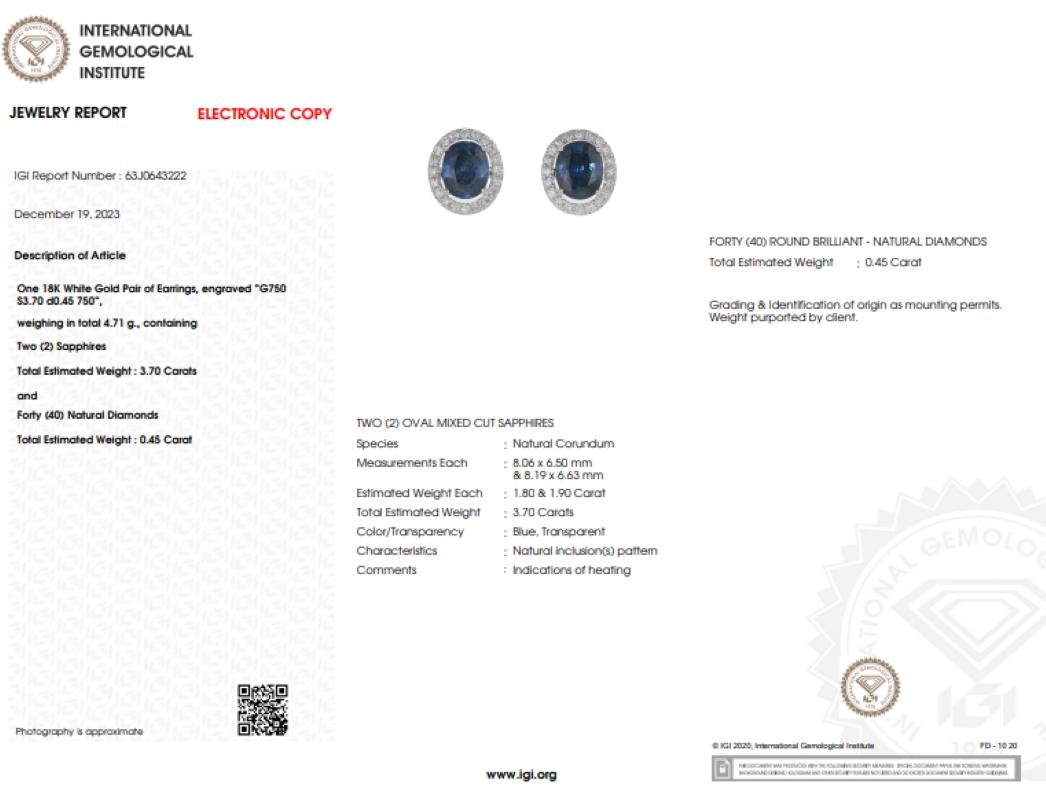 Orecchini con zaffiro e diamante certificati IGI da 3,70 carati in oro bianco 18 carati in vendita 2