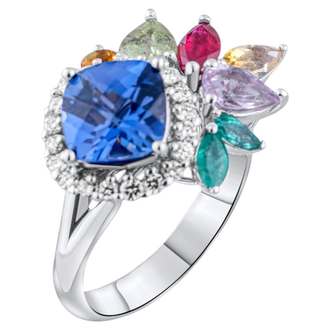 IGI-zertifizierter Ring mit einem Diamanten von 3,71 Karat, Saphir und Turmalin, 14-karätiges Gold