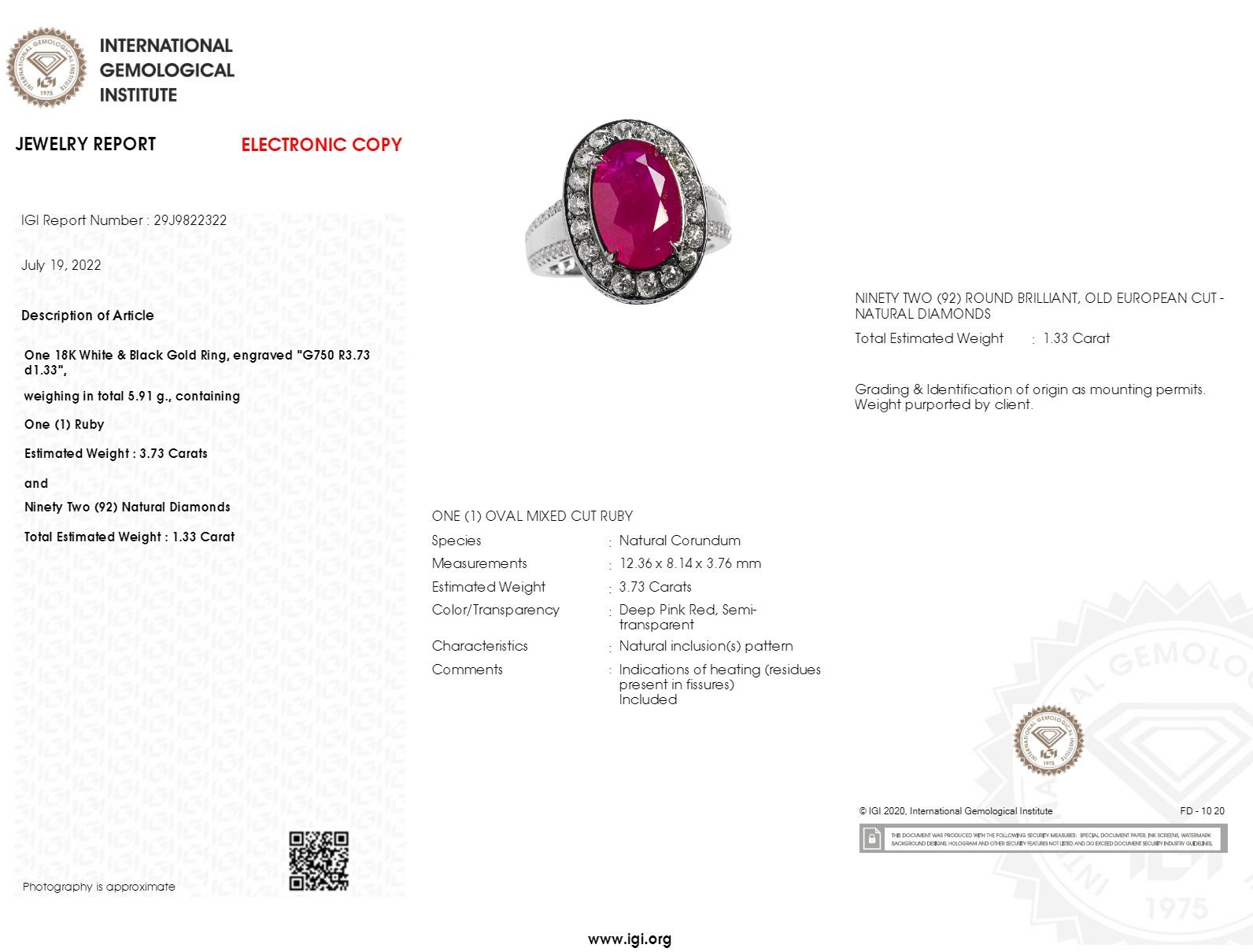 IGI Certified 3.73 Carat Ruby & Diamond Ring in 18K Gold For Sale 1