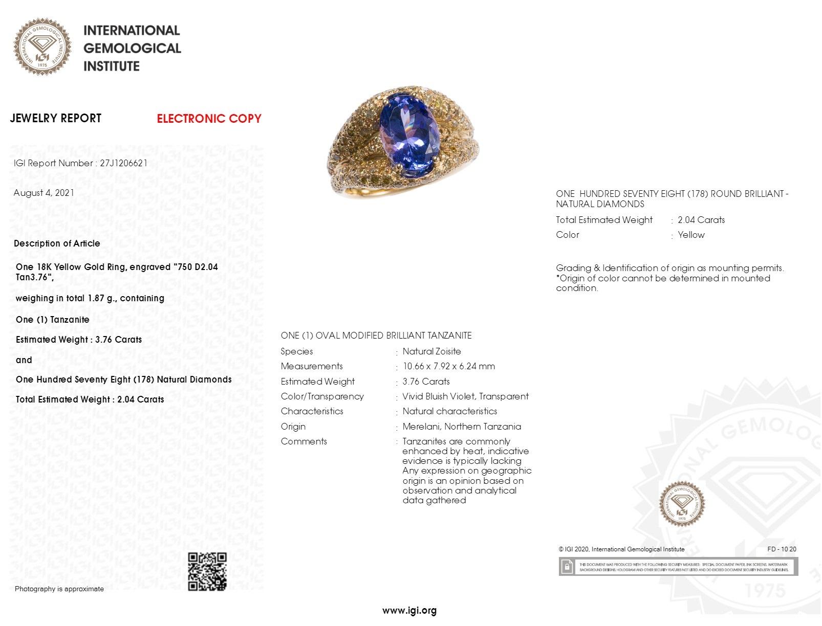 IGI Certified 3.76 Carat Tanzanite & Diamond Ring in 18K White Gold For Sale 5