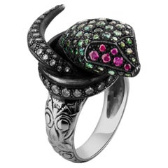 IGI Certified 3.78 Carat Diamond, Emerald and Ruby Snake Motif Statement Ring 8K