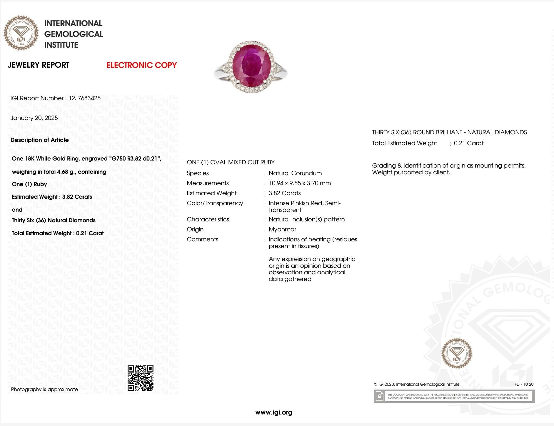 IGI Certified 3.82 Carat Burma Ruby & Diamond Ring in 18K White Gold For Sale 4