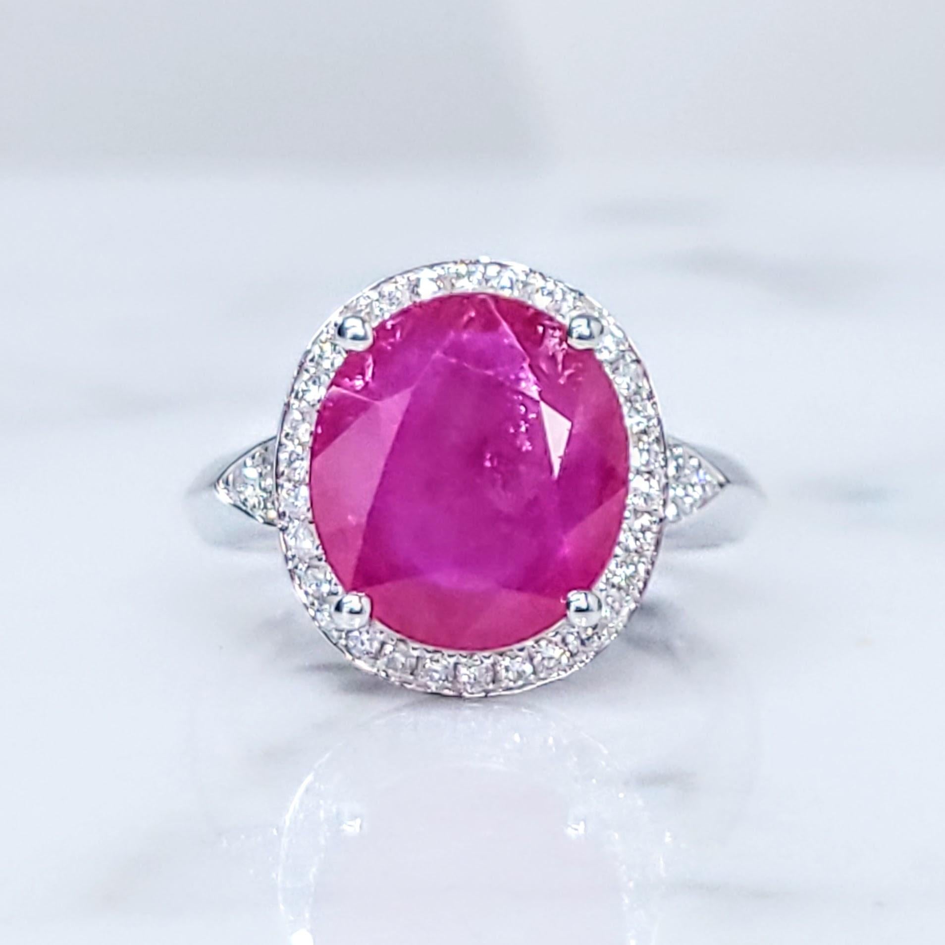 Modern IGI Certified 3.82 Carat Burma Ruby & Diamond Ring in 18K White Gold For Sale