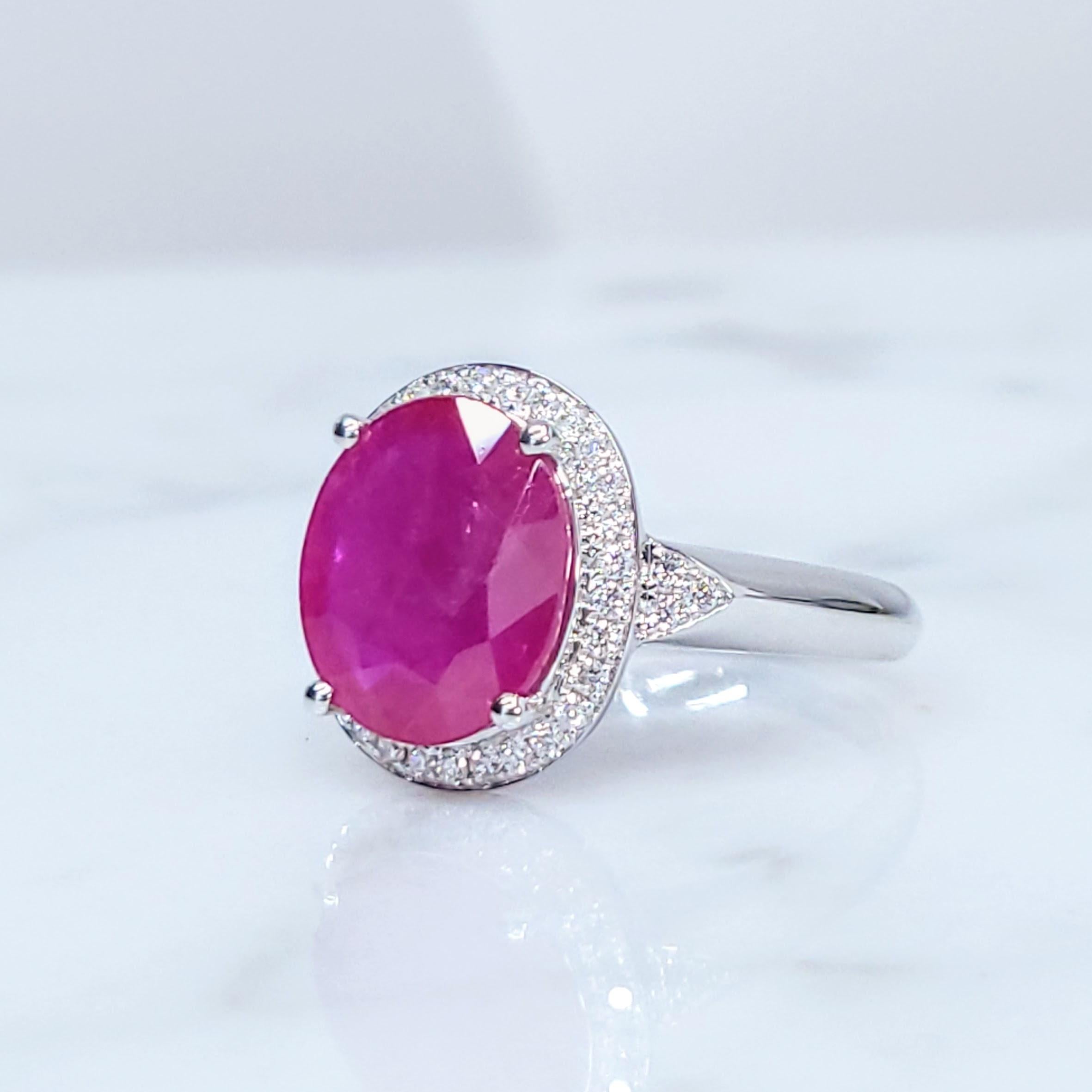 Oval Cut IGI Certified 3.82 Carat Burma Ruby & Diamond Ring in 18K White Gold For Sale
