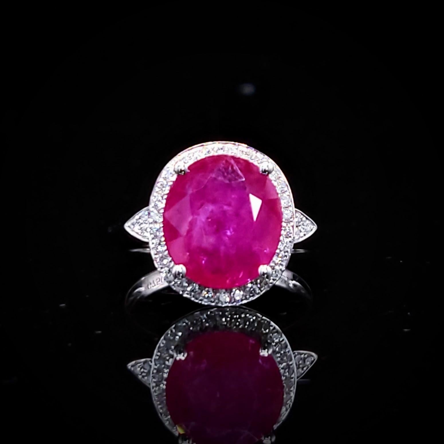 IGI Certified 3.82 Carat Burma Ruby & Diamond Ring in 18K White Gold For Sale 3
