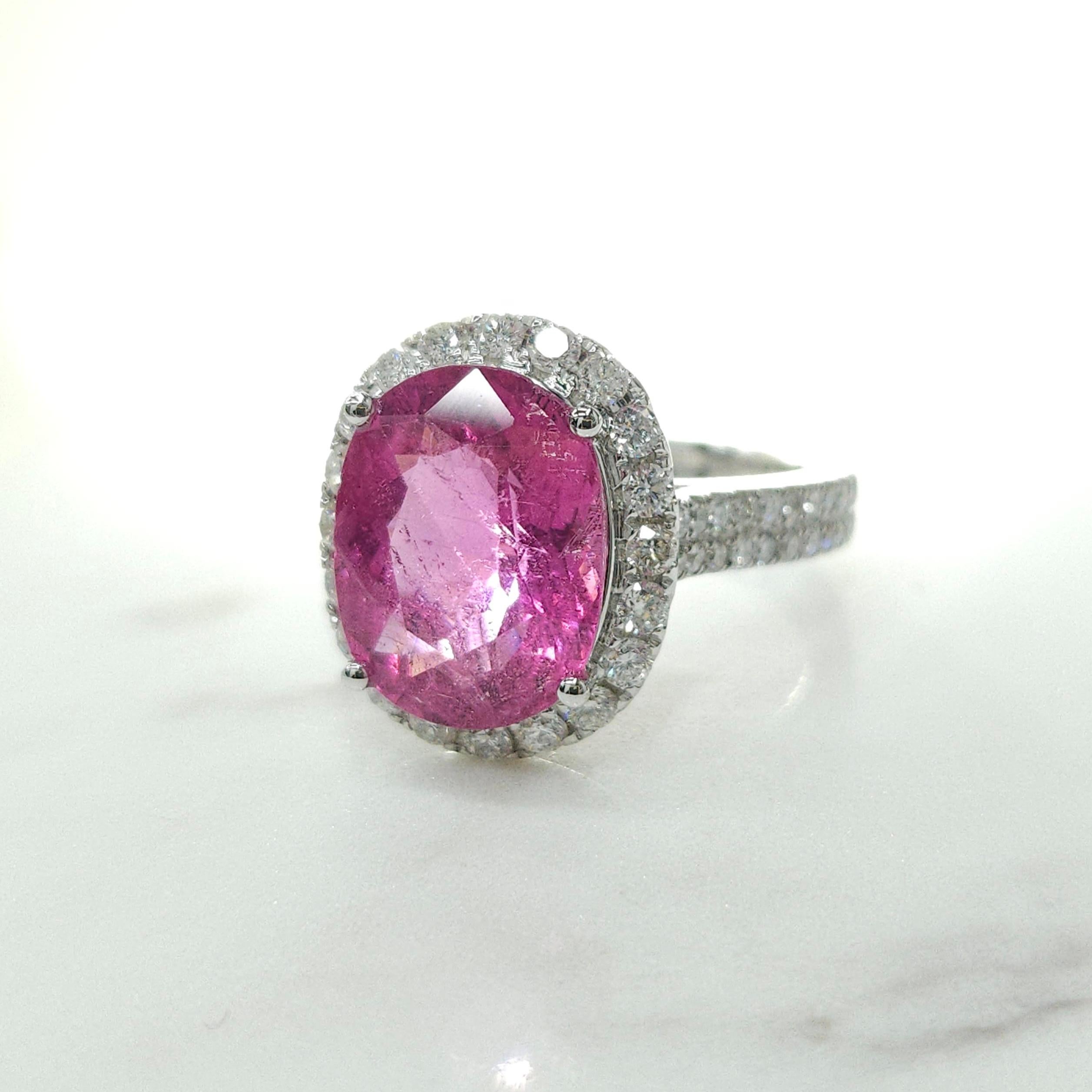 Oval Cut IGI Certified 3.85 Carat Rubellite Tourmaline & Diamond Ring in 18K White Gold For Sale