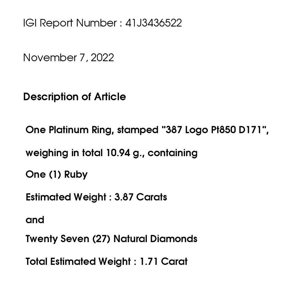 IGI Certified 3.87ct Not-Treated Thai Ruby 1.71ct Diamonds Platinum Ring 5