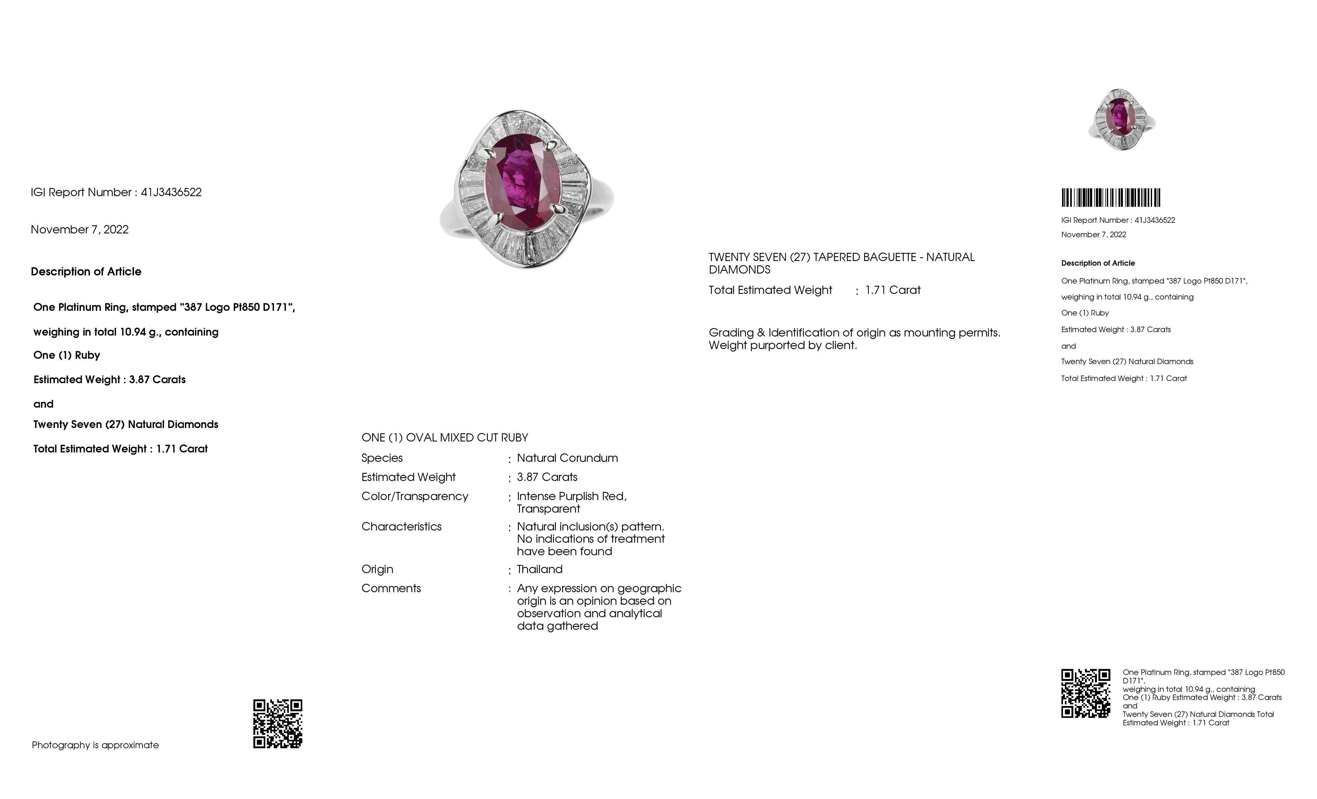 IGI Certified 3.87ct Not-Treated Thai Ruby 1.71ct Diamonds Platinum Ring In New Condition In Hong Kong, HK