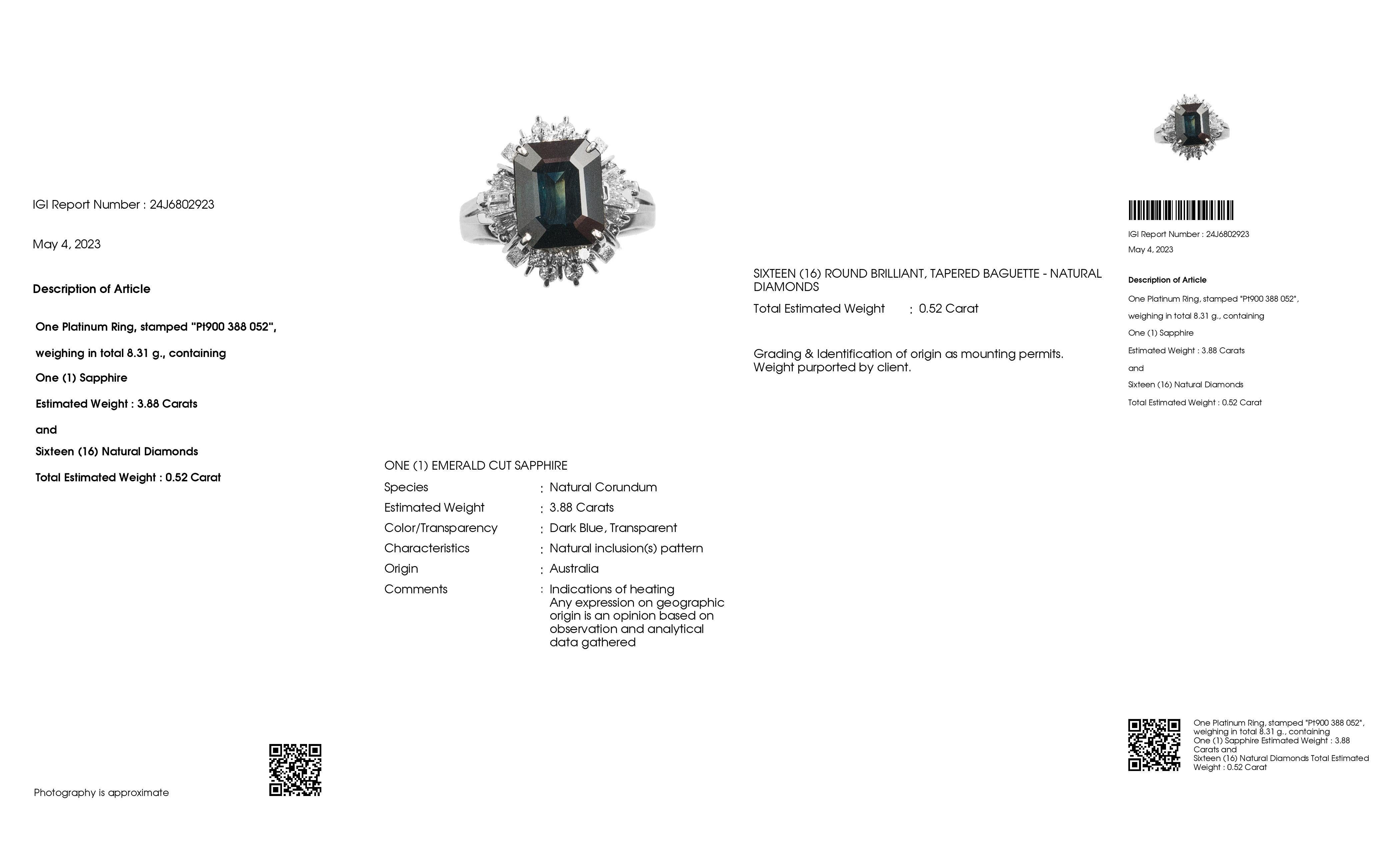 Platinring mit IGI-zertifiziertem 3,88 Karat natürlichem Saphir und 0,52 Karat natürlichen Diamanten 2