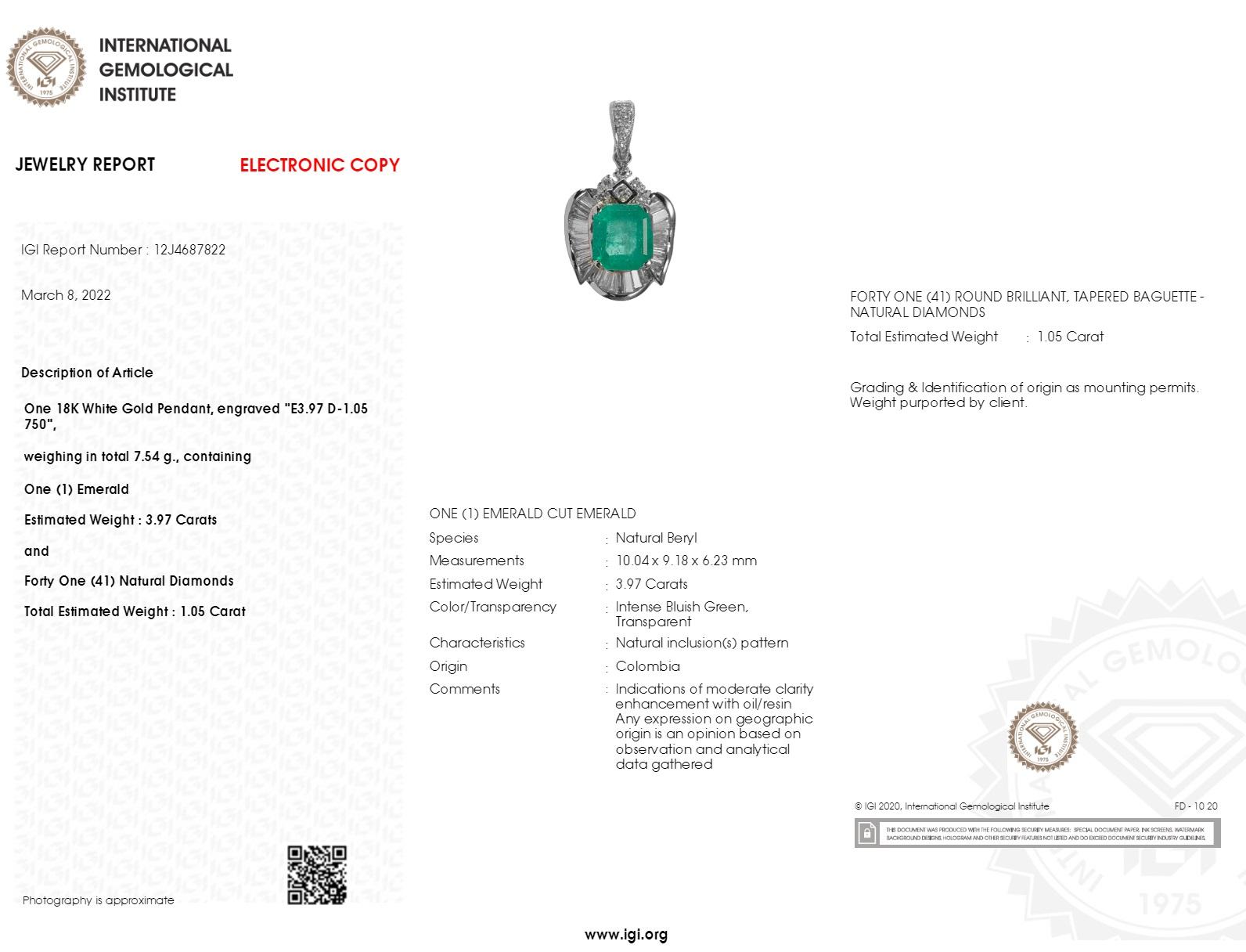 IGI-zertifizierter 3,97 Karat kolumbianischer Smaragd & Diamant-Anhänger aus 18 Karat Weißgold im Angebot 2