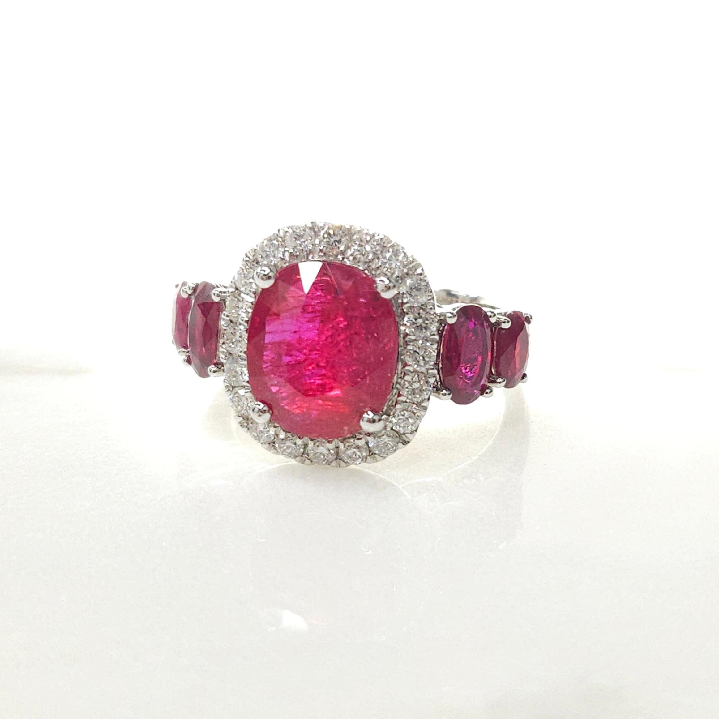 Oval Cut IGI Certified 4.00 Carat Ruby & Diamond Ring in 18K White Gold For Sale